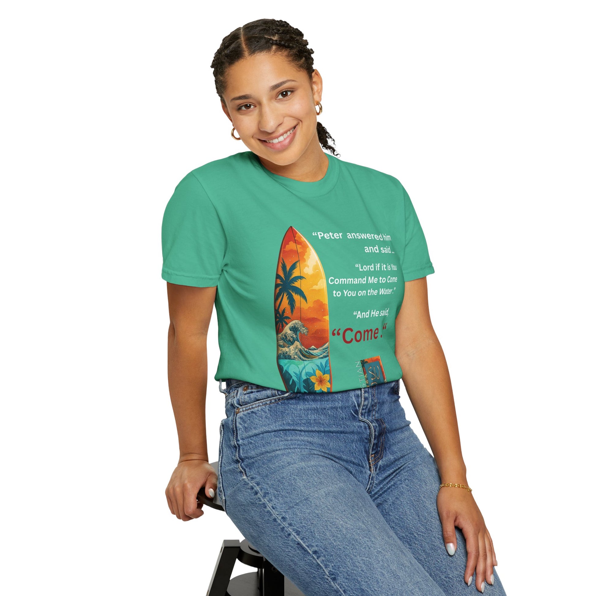 Street Wear Vintage Surf Board Graphic Art Work Unisex T-Shirt - Christian Surf Wear 'Move By Faith' Collection