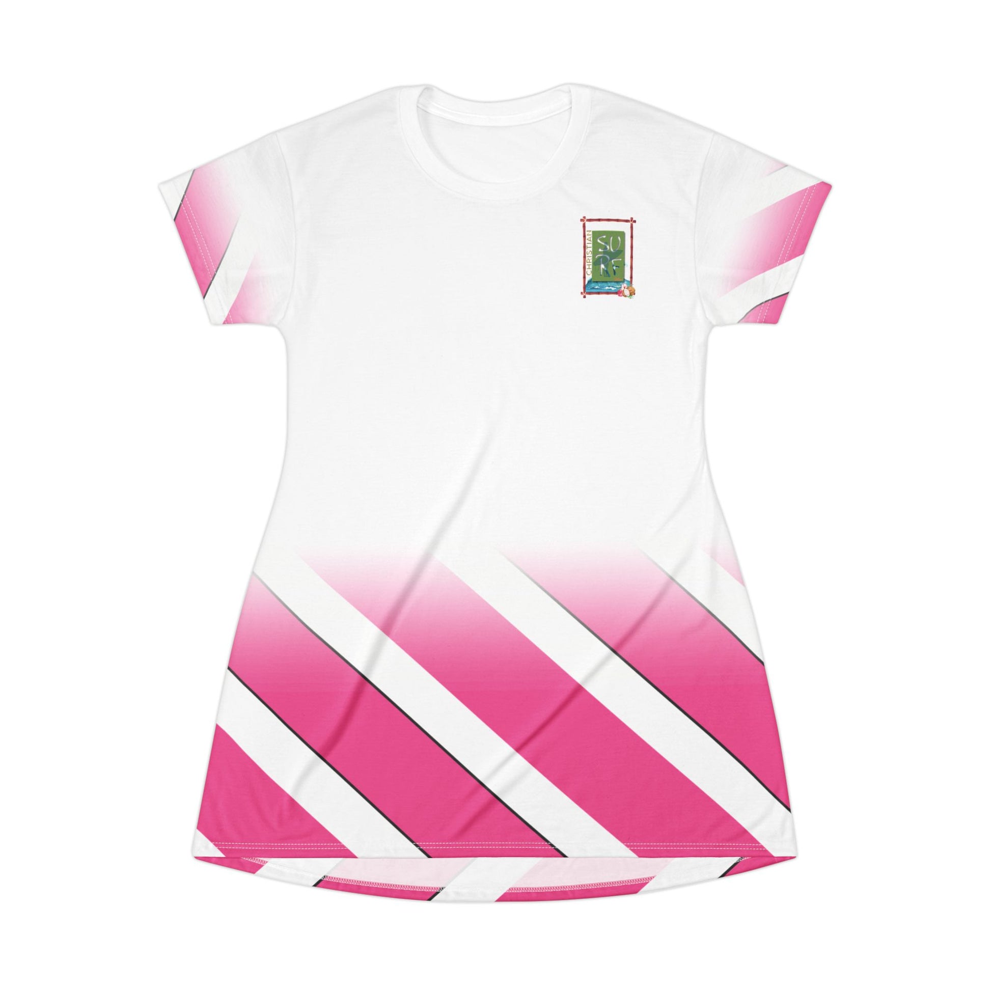 Christian Surf Wear Gradient Pink ,White ,and Black Chic T-Shirt Dress, Stylish Casual Dress, Summer Outfit, Trendy Day Dress, Comfortable Everyday Wear, Gift for Her