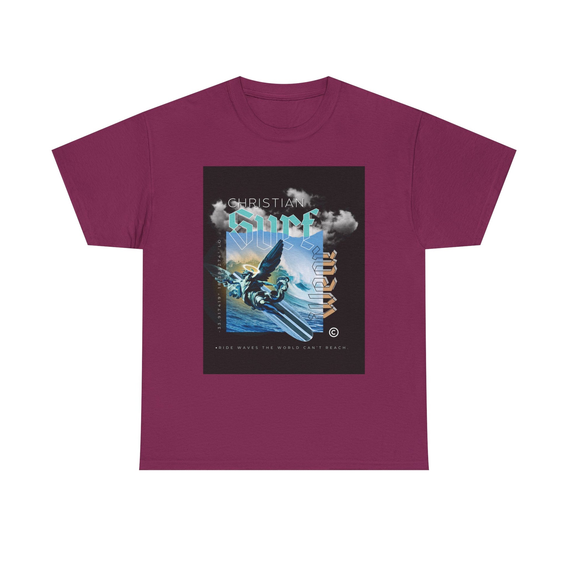 Surf Wear Angle Riding a Surfboard and a wave Graphic -Christian Surf Vibes Unisex Heavy Cotton Tee, Beachwear, Casual Shirt, Gift for Surfers, Summer Top, Spiritual Fashion