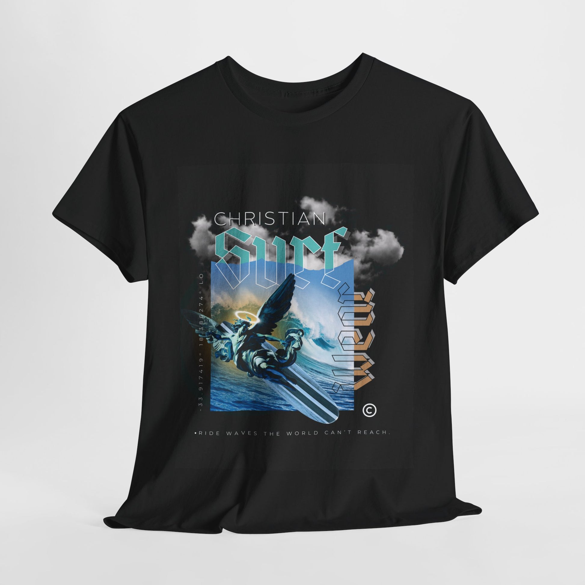 Surf Wear Angle Riding a Surfboard and a wave Graphic -Christian Surf Vibes Unisex Heavy Cotton Tee, Beachwear, Casual Shirt, Gift for Surfers, Summer Top, Spiritual Fashion