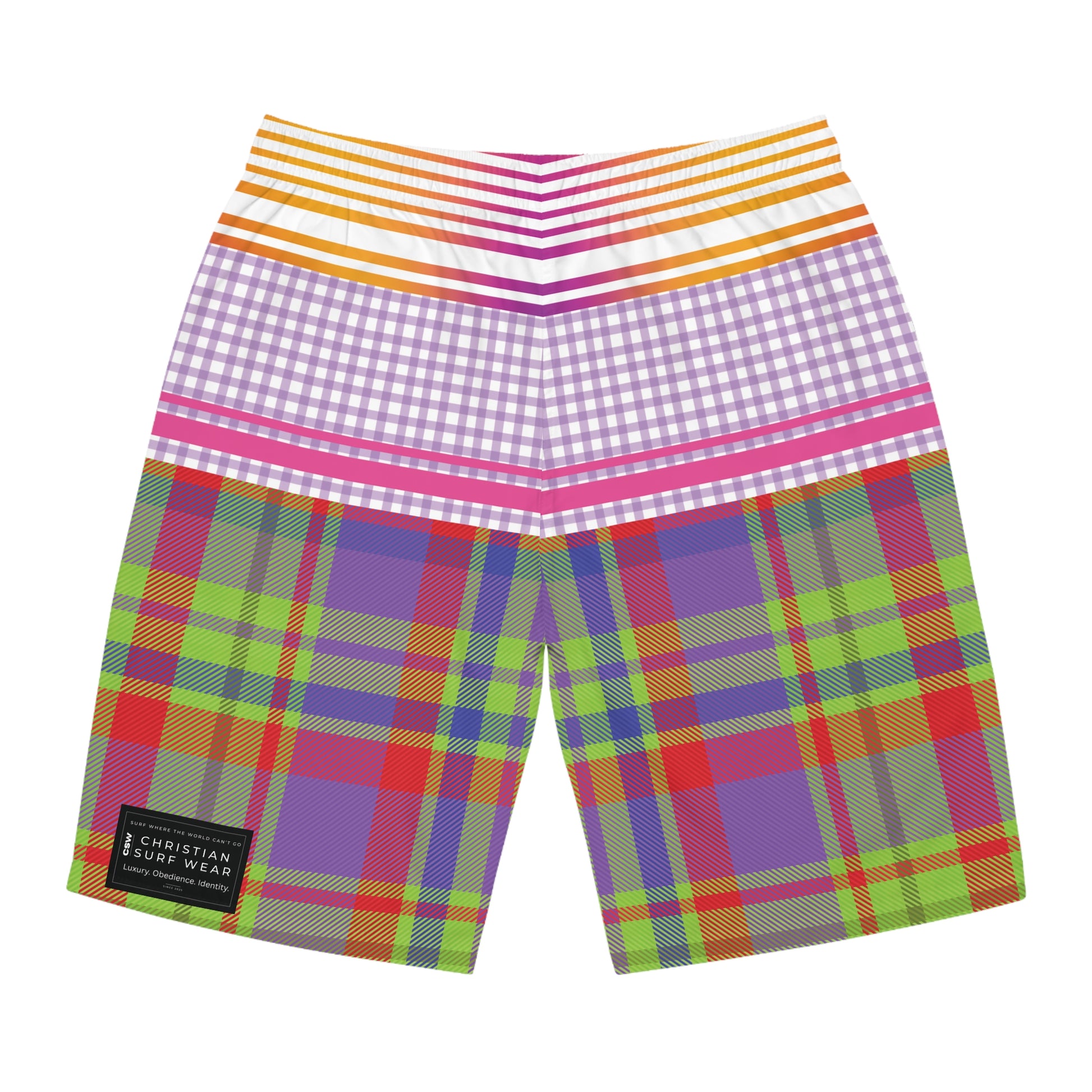 Christian Surf Wear Retro Vibrant Men's Board Shorts - Colorful Plaid Swimwear for Summer Fun, Beach Party, Vacation, Pool Days, Relaxation