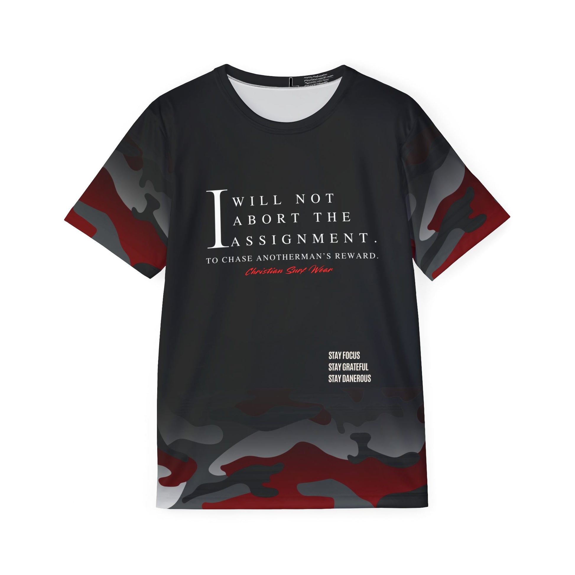“I Will Not Abort The Assignment” CAMO Edition –Christian Surf Wear Men's Sports Jersey - Bold Camo Design, Perfect for Game Days, Casual Wear, Gifts for Athletes, Sports Events, Unique Style