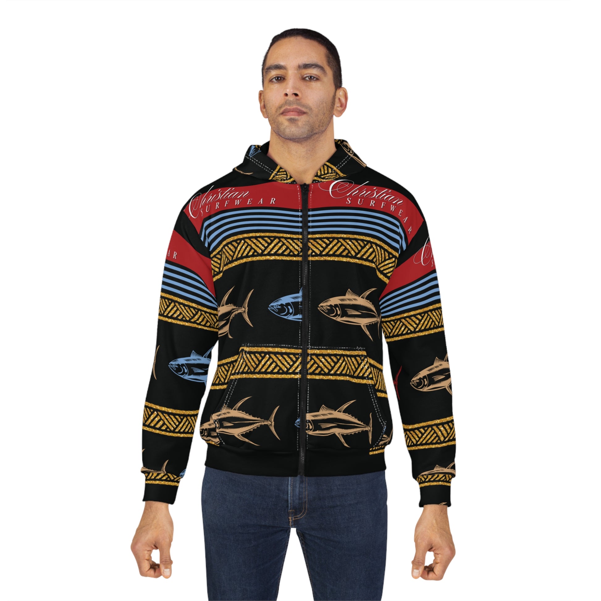 Tuna Pattern Zip Hoodie — Tropical Fishing Tribal Design by Christian Surf Wear