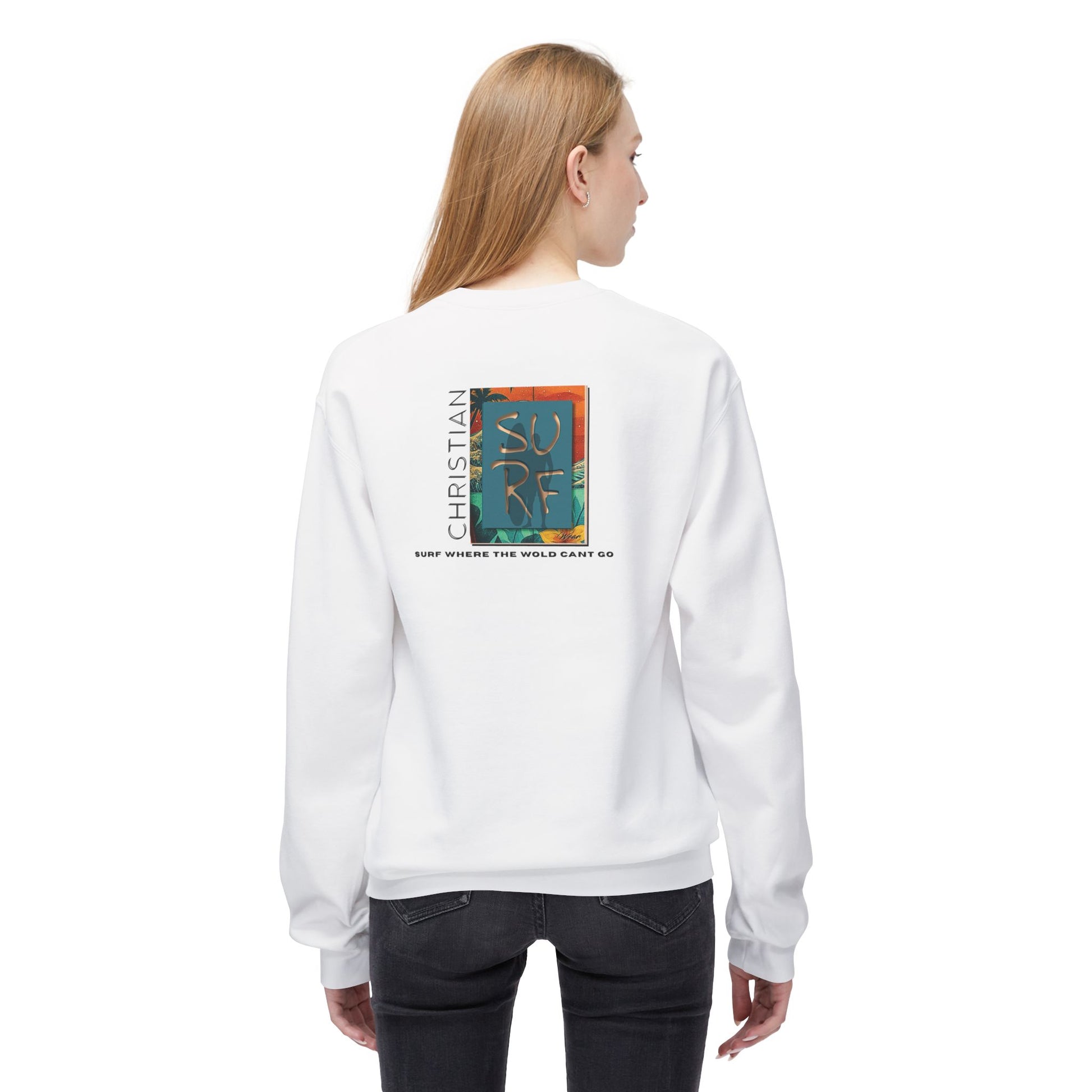 Unisex Fleece Sweatshirt with Surf Vibes, Cozy Surfing Crew Sweatshirt, Christian Gift, Beach Holiday Apparel, Summer Essentials