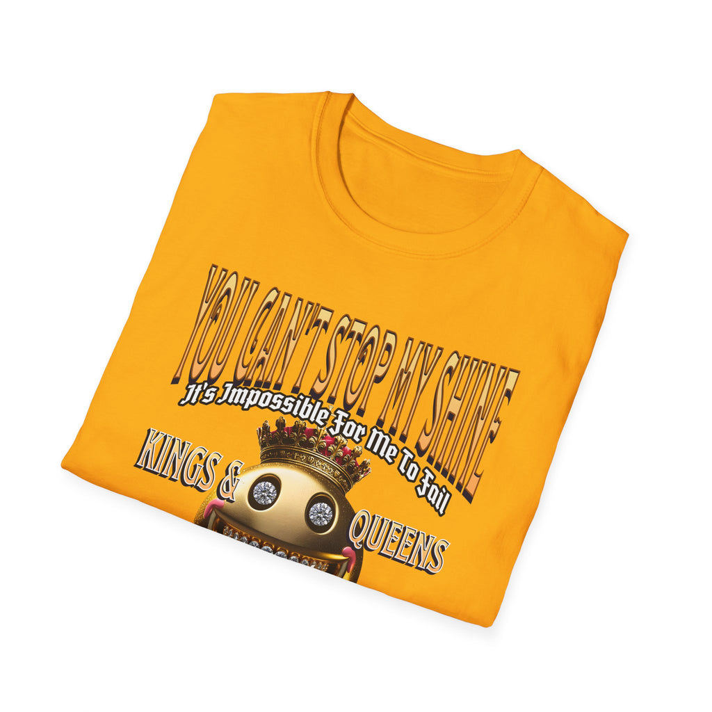 Devine Gold Kingdom Confidence Graphic Gold Happy Face Emoji Unisex T-Shirt: You Can’t Stop My Shine Tee, With GOD On My Side, Premium Casual-Tee