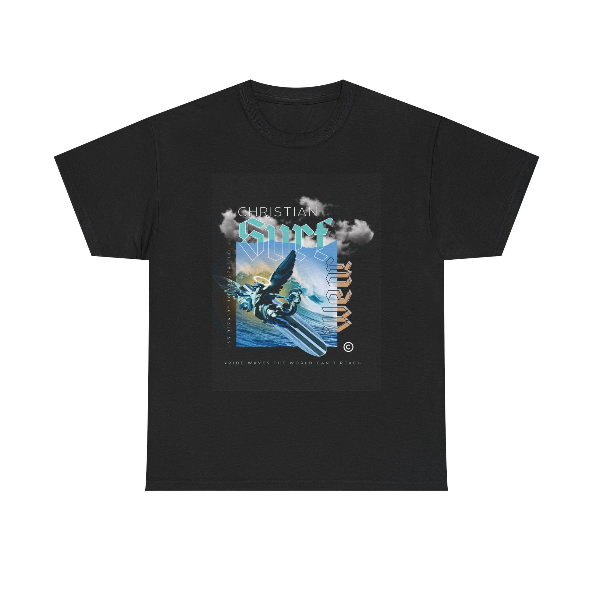 Surf Wear Angle Riding a Surfboard and a wave Graphic -Christian Surf Vibes Unisex Heavy Cotton Tee, Beachwear, Casual Shirt, Gift for Surfers, Summer Top, Spiritual Fashion