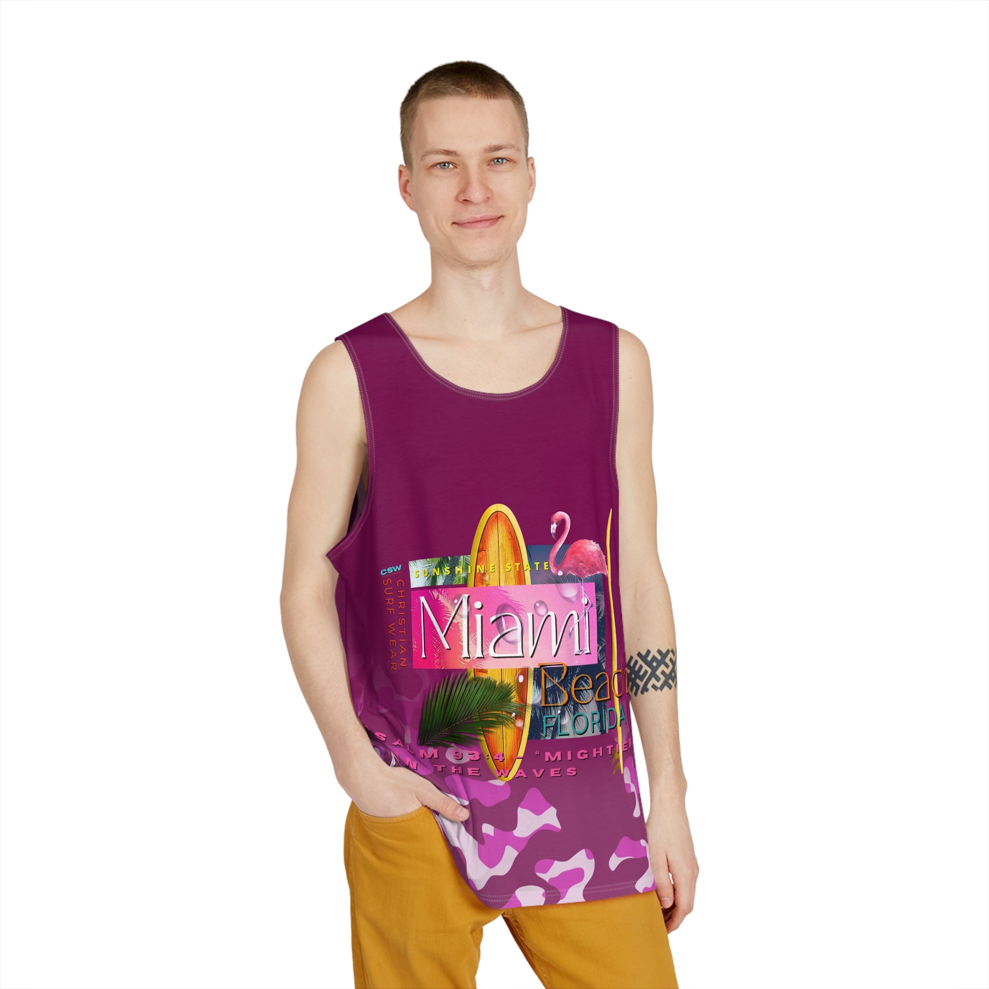 Christian Surf Wear Vintage Militant Vibrant Miami Beach theme Men's Tropical Miami Beach Tank, Summer Casual Wear, Vacation Essential, Beach Day Top, Party Outfit, Outdoor Activities