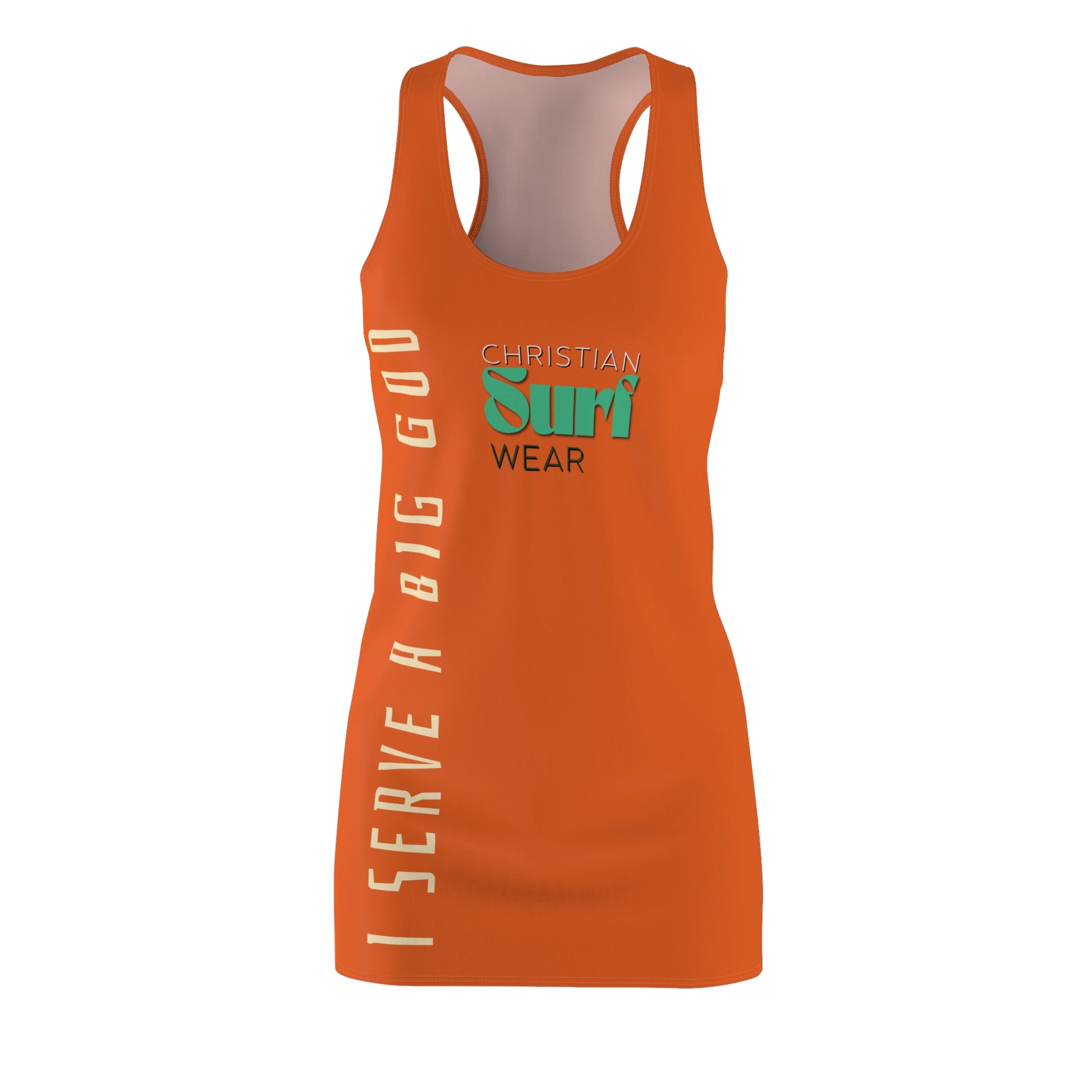 Christian Surf Wear Typography Racerback Dress - I Serve a Big God, Beach Dress, Summer Outfit, Faith-Themed Apparel, Christian Fashion, Vacation Dress