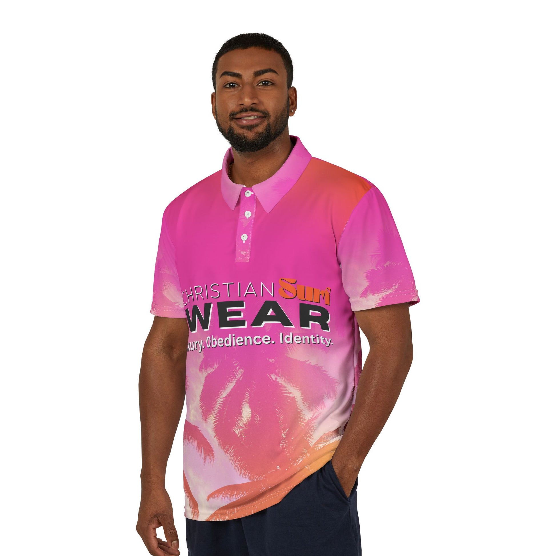 Christian Surf Wear Palm Tree Graphic Sunset Surge Christian Polo Shirt