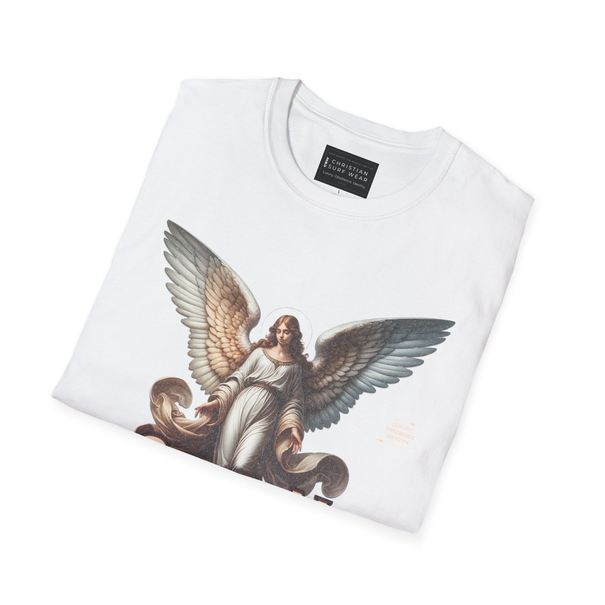 Christian Surf Wear Angel Graphic Unisex Softstyle T-Shirt | Casual Wear, Gift for Her/Him, Birthday, Spiritual Vibe, Everyday Fashion