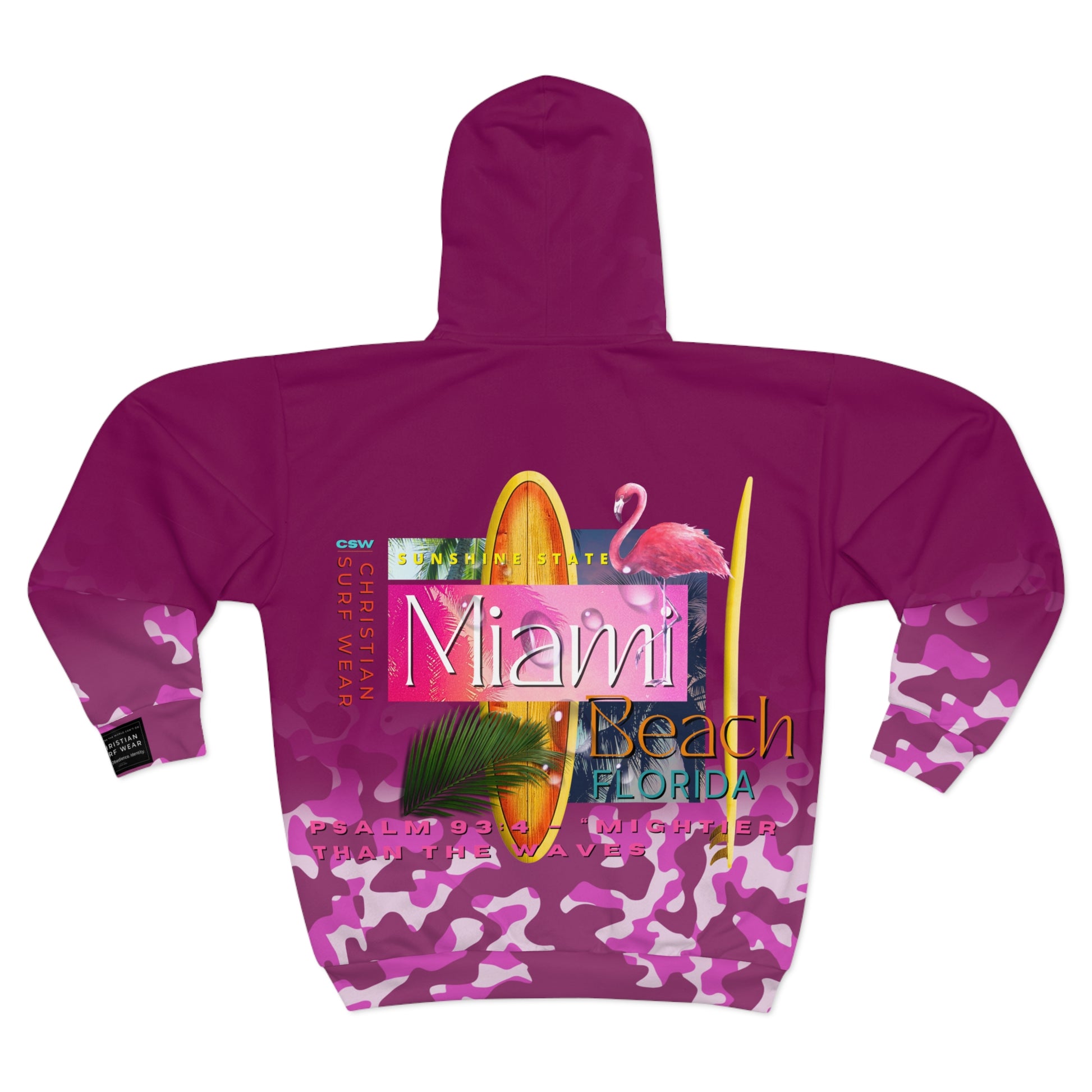 Christian Surf Wear Vintage Militant Vibrant Miami Beach theme  Zip Hoodie, Unisex Hoodie for Beach Lovers, Vibrant AOP Design, Gift for Christmas and Summer, Stylish Camo Layer