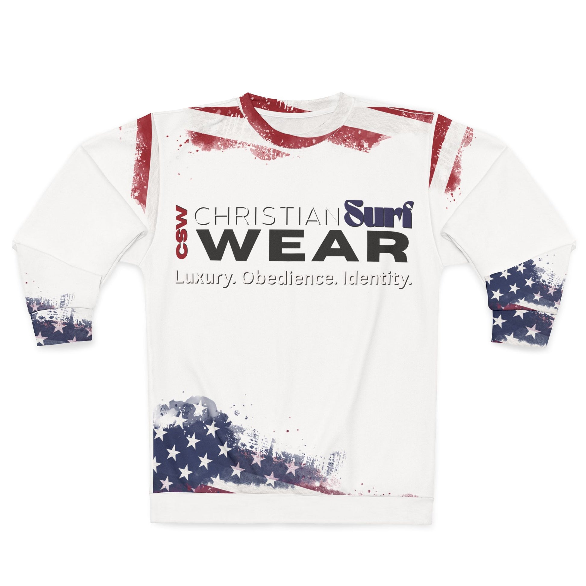 Christian Surf Wear Unisex American Flag Sweatshirt, Patriotic Crewneck for Surf Enthusiasts, Ideal for July 4th, Beach Days, Casual Wear, Gift for Adventurers
