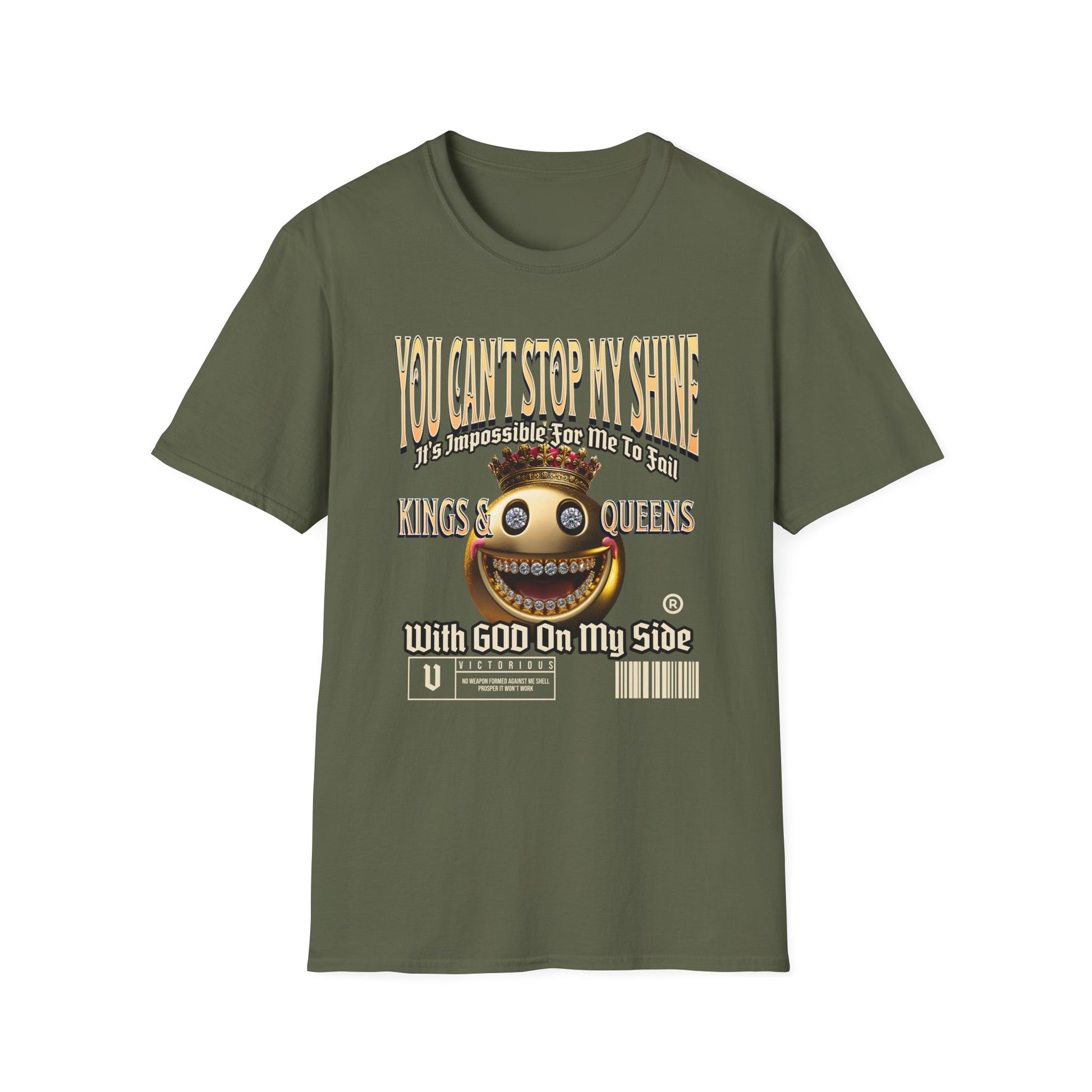 Military Green of Kingdom Confidence Graphic Gold Happy Face Emoji Unisex T-Shirt: You Can’t Stop My Shine Tee, With GOD On My Side, Premium Casual-Tee