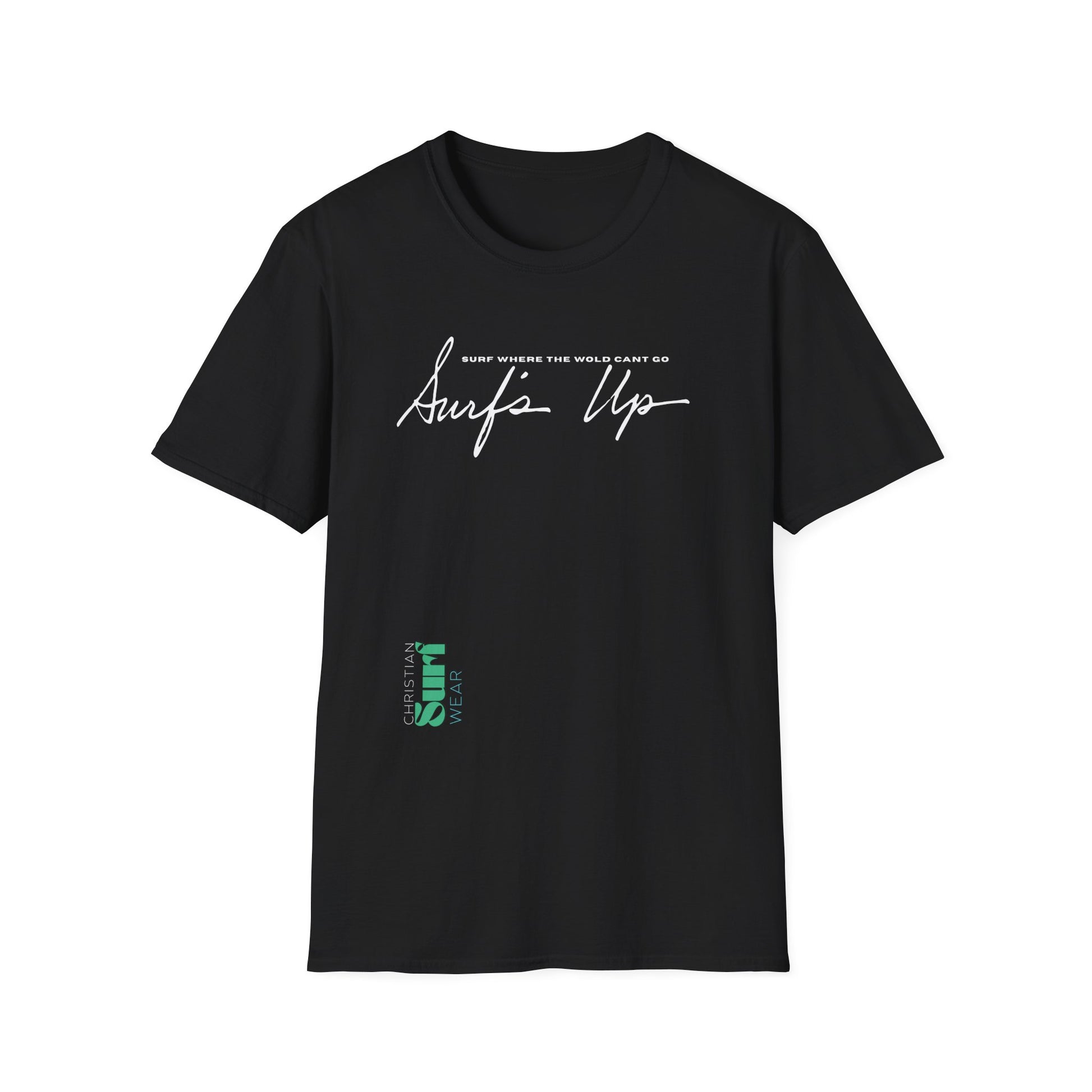 Surf Wear Typography Surf Where the World Can’t Go Graphic Surf’s Up Unisex Softstyle T-Shirt | Beach Vibes, Casual Wear, Gift for Surfers, Summer Style, Christian Apparel