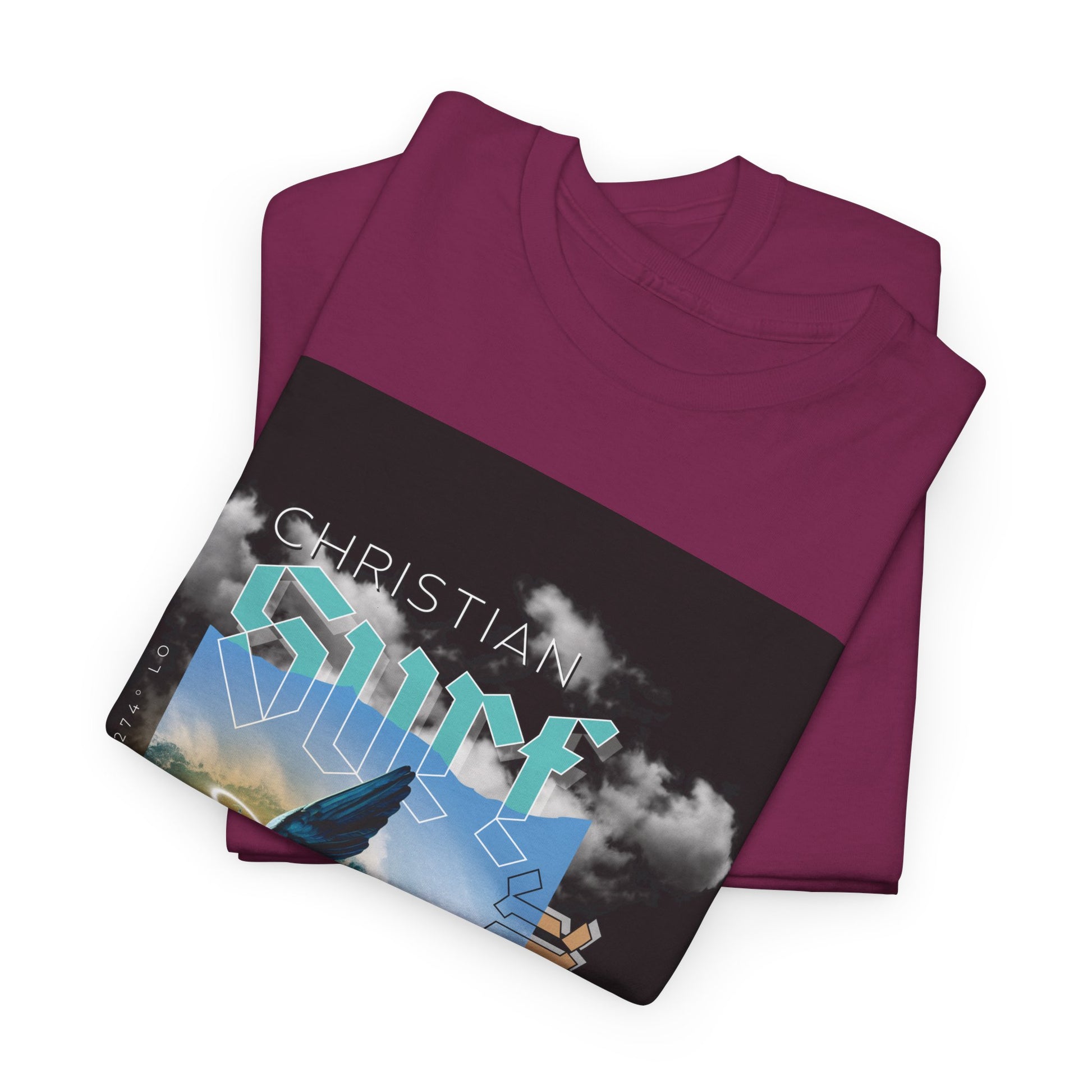 Surf Wear Angle Riding a Surfboard and a wave Graphic -Christian Surf Vibes Unisex Heavy Cotton Tee, Beachwear, Casual Shirt, Gift for Surfers, Summer Top, Spiritual Fashion