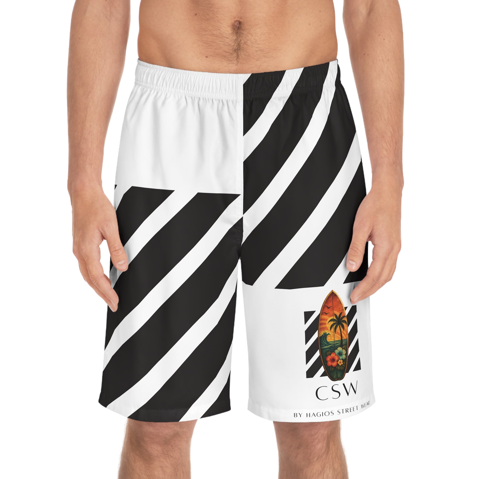 Christian Surf Wear Typography CSW Stylish Men's Board Shorts with Striped Design, Summer Swimwear, Beachwear, Casual Shorts, Vacation Essentials