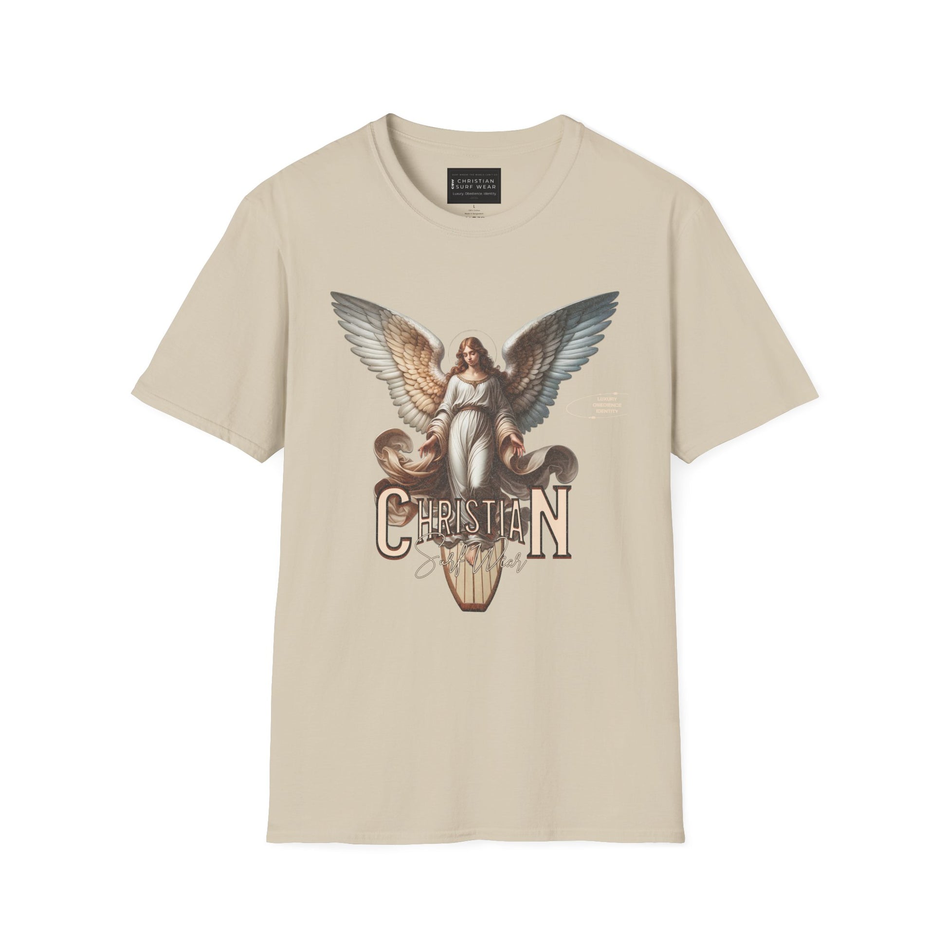 Christian Surf Wear Angel Graphic Unisex Softstyle T-Shirt | Casual Wear, Gift for Her/Him, Birthday, Spiritual Vibe, Everyday Fashion