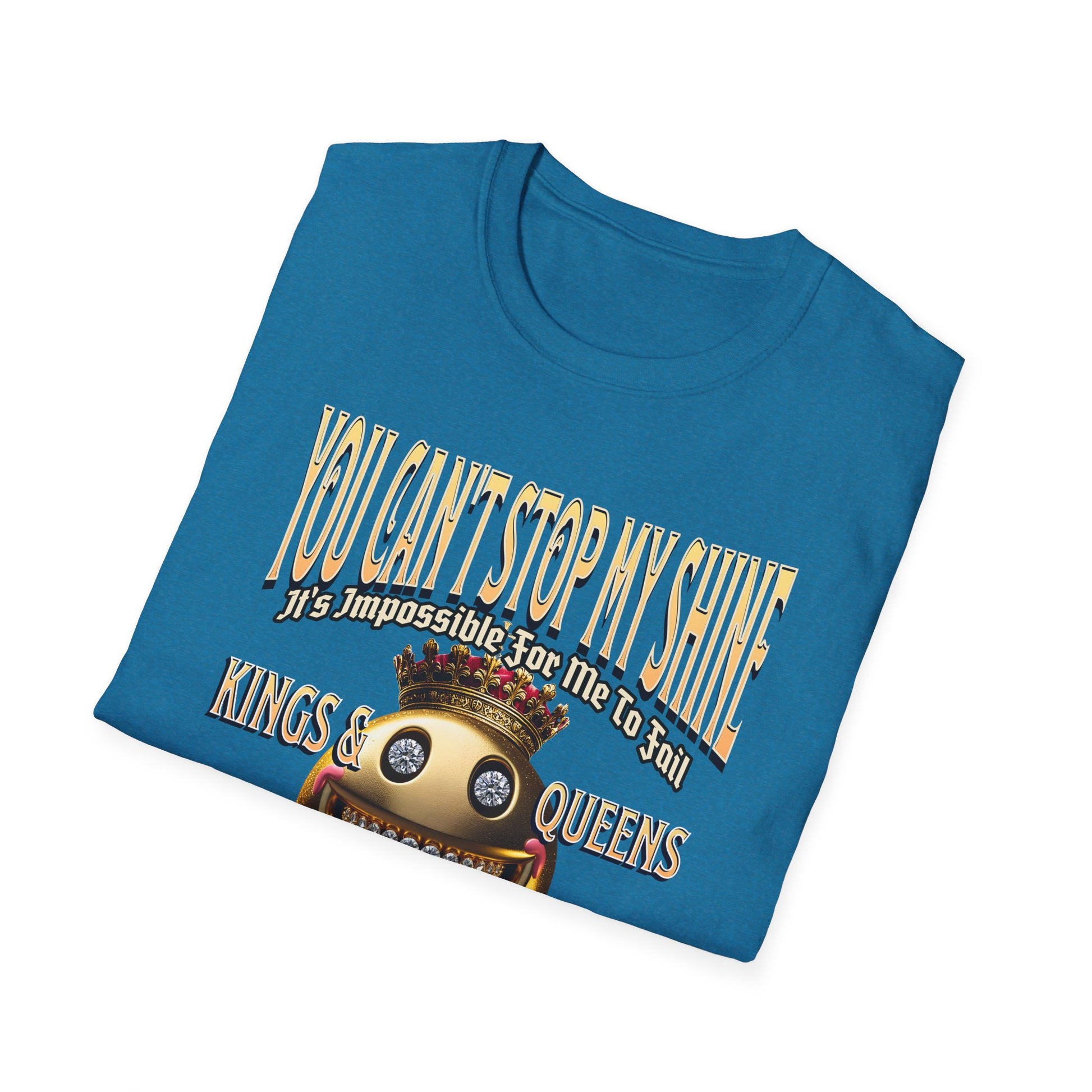 AuntieKingdom Confidence Graphic Gold Happy Face Emoji Unisex T-Shirt: You Can’t Stop My Shine Tee, With GOD On My Side, Premium Casual-Tee