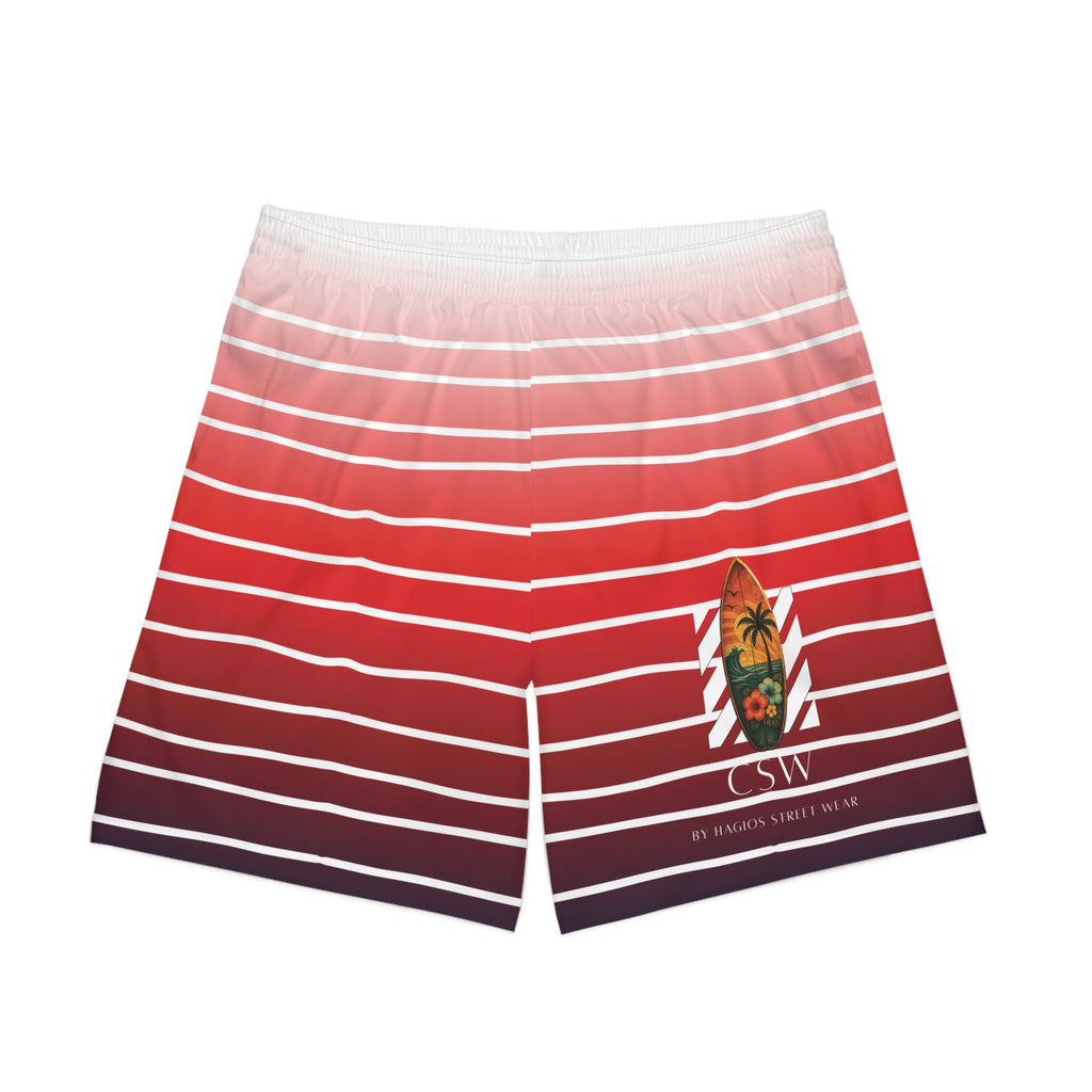 Surf Wear typography sub mark Surfboard Graphic Men's Elastic Beach Shorts, Summer Vibes Swim Trunks, Tropical Poolwear, Relaxed Vacation Shorts, Stylish Board Shorts, Beach Party Attire