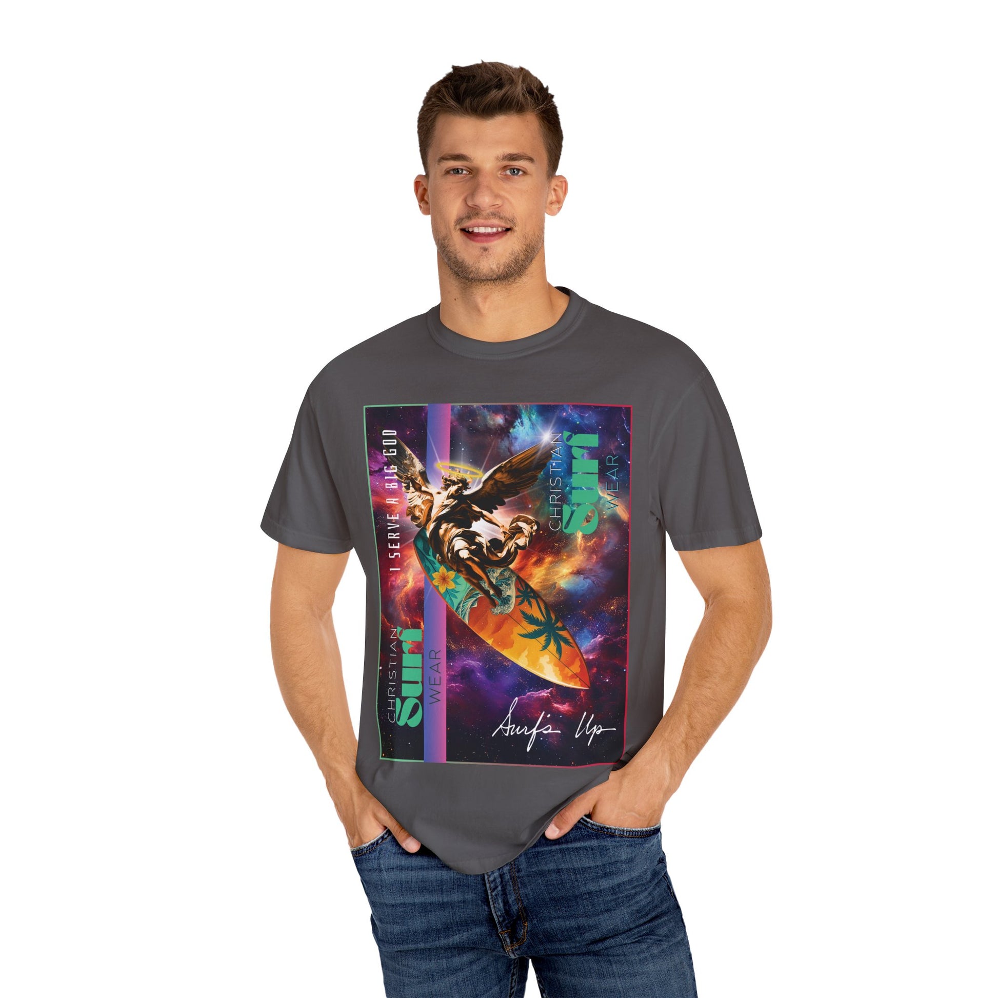 Christian Surf Wear Vibrant Surfing T-Shirt, Stylish Beachwear, Unisex Graphic Tee, Summer Outfit, Gift for Surfers, Casual Wear, Colorful Apparel