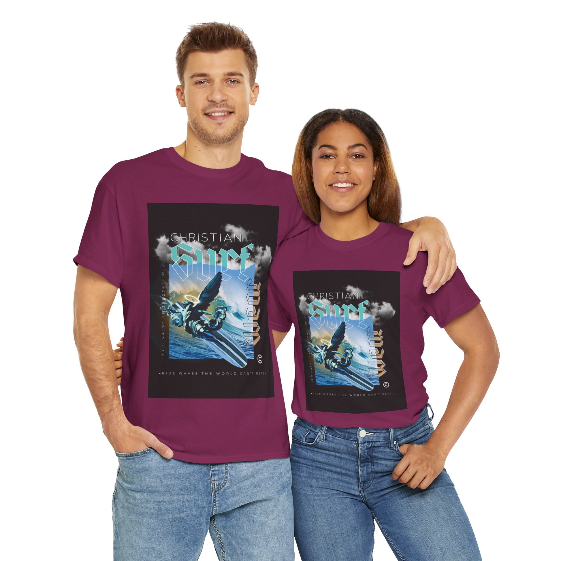 Surf Wear Angle Riding a Surfboard and a wave Graphic -Christian Surf Vibes Unisex Heavy Cotton Tee, Beachwear, Casual Shirt, Gift for Surfers, Summer Top, Spiritual Fashion