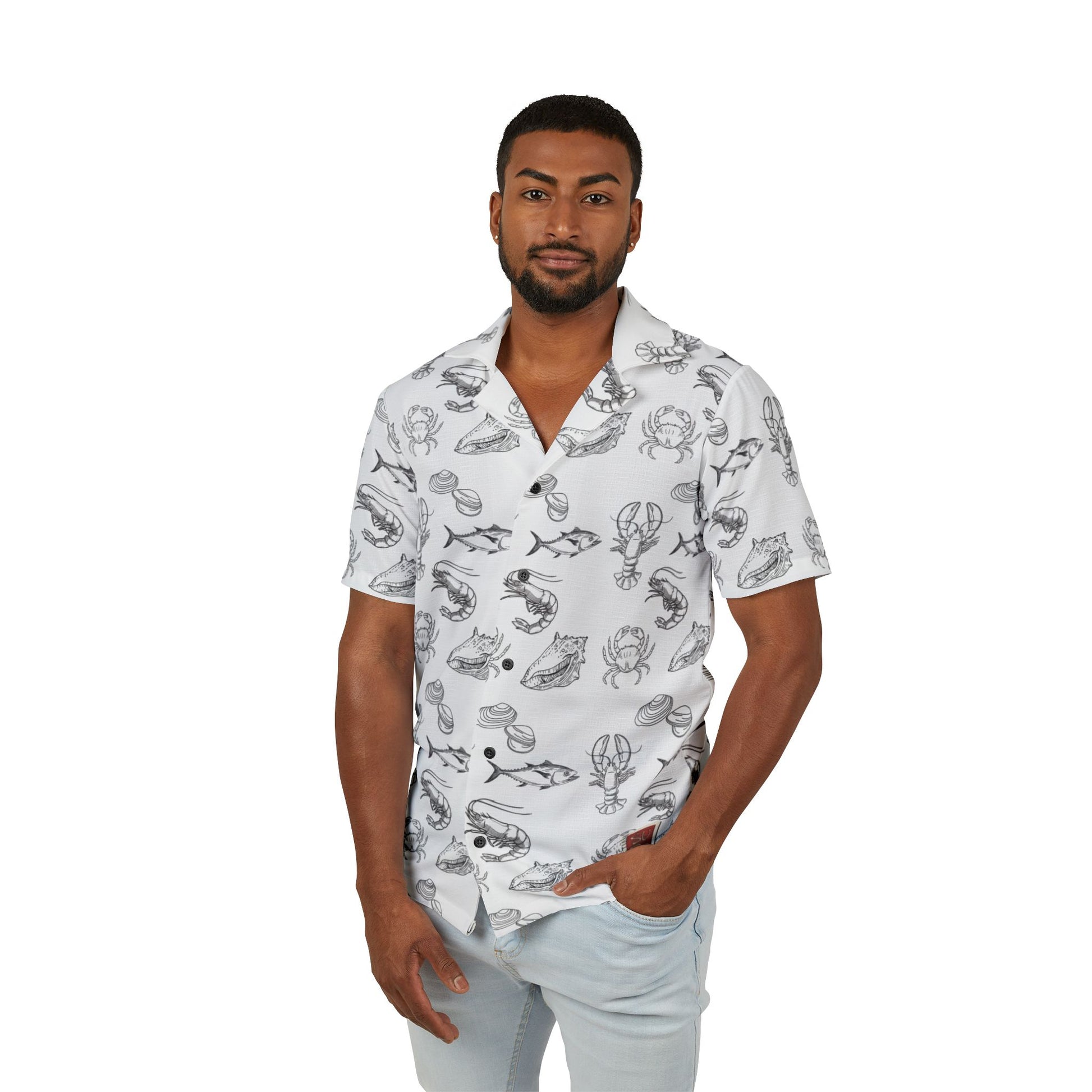Men's Fishing Hawaiian Camp Shirt - Christian Surf Wear Deep Water Fishing Beach Vibes Vacation Nautical Print Summer Outfit