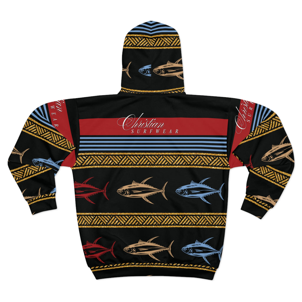 Tuna Pattern Zip Hoodie — Tropical Fishing Tribal Design by Christian Surf Wear