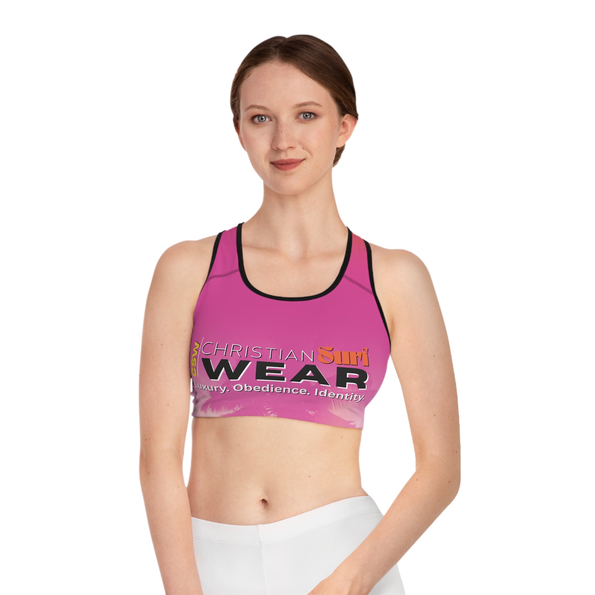 Christian Surf Wear Palm Tree Graphic Summer Surge Stylish Sports Bra, Activewear for Fitness Lovers, Yoga, Gym, Workouts, Gift for Her, Summer Vibes