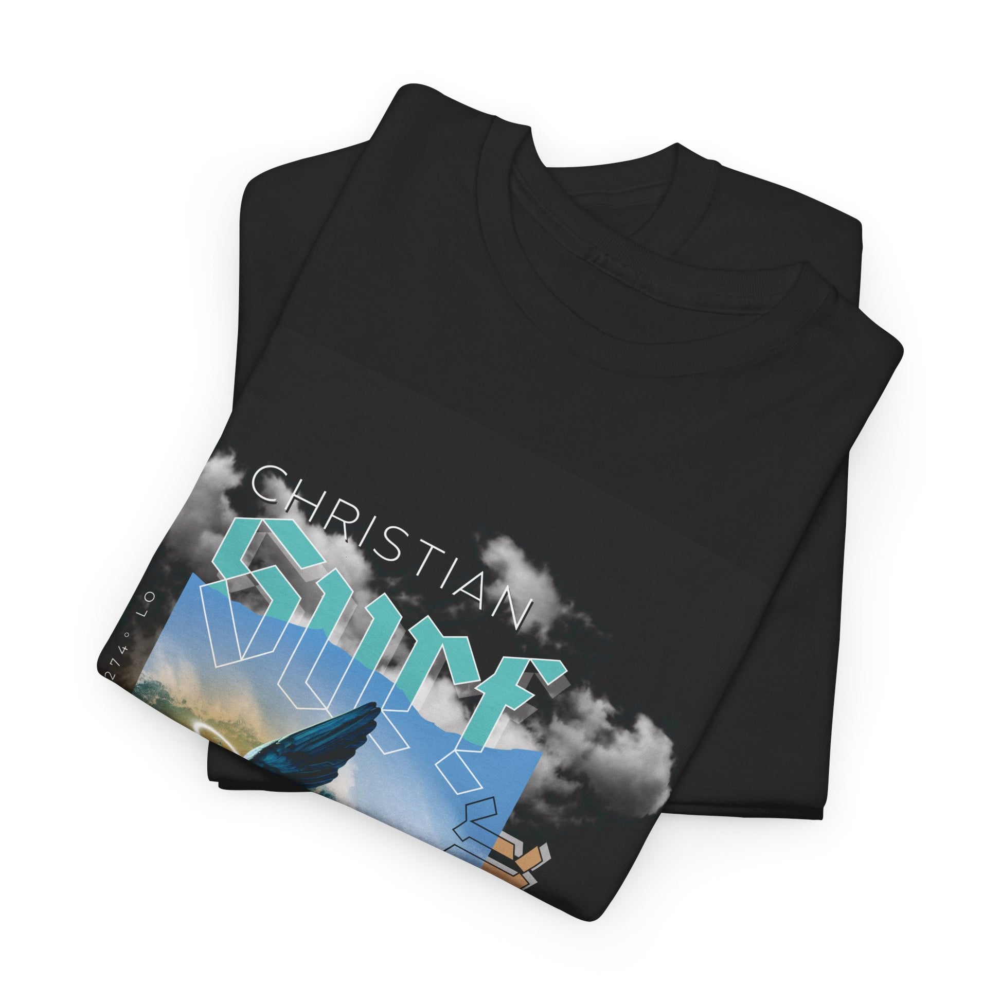Surf Wear Angle Riding a Surfboard and a wave Graphic -Christian Surf Vibes Unisex Heavy Cotton Tee, Beachwear, Casual Shirt, Gift for Surfers, Summer Top, Spiritual Fashion