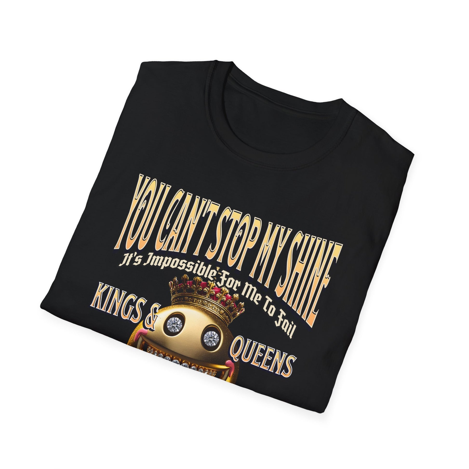 Brilliant Black Kingdom Confidence Graphic Gold Happy Face Emoji Unisex T-Shirt: You Can’t Stop My Shine Tee, With GOD On My Side, Premium Casual-Tee
