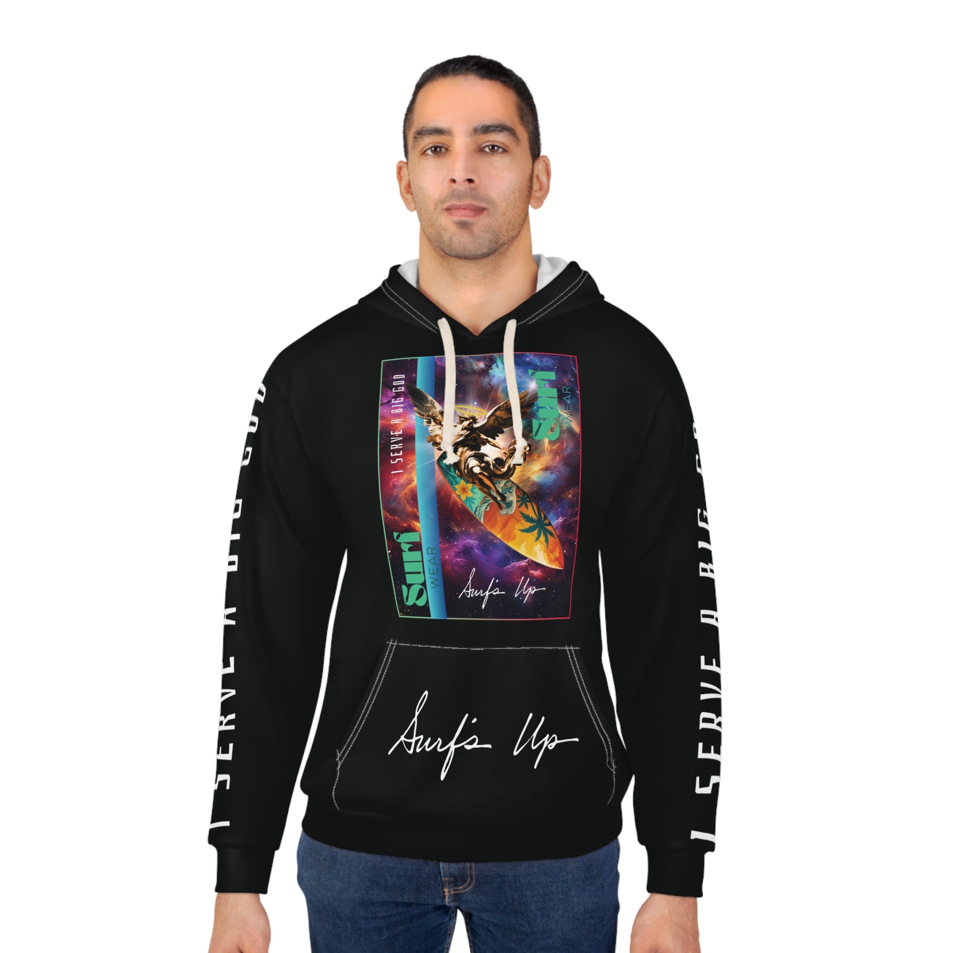 Prophetic Surf Style Unisex Pullover Hoodie | Angel Drop Art Shirt, Galaxy Graphic, Streetwear for Believers | I Serve a Big God Faith