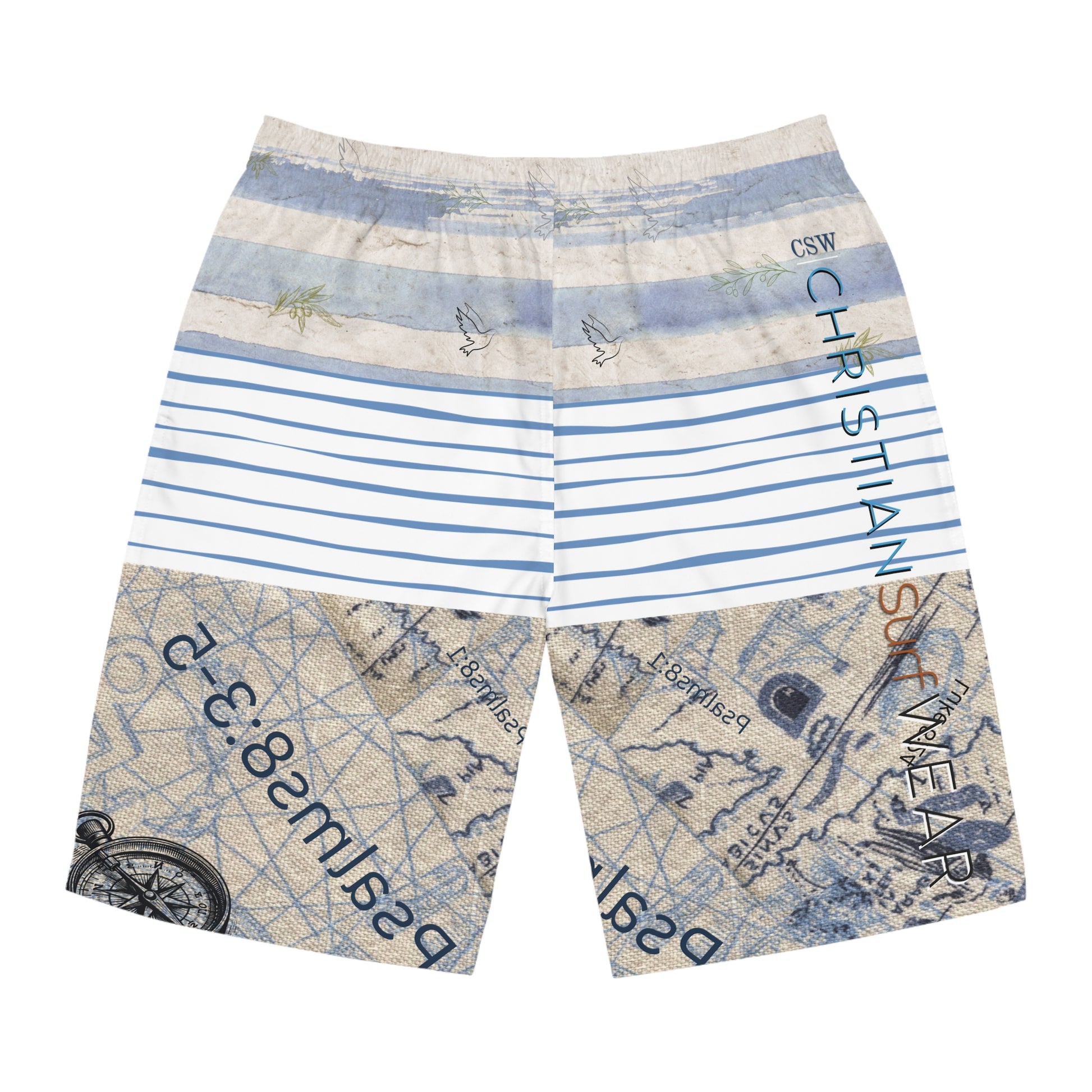 Christian Surf Wear Vintage Map Graphic Stylish Men's Board Shorts, Beachwear, Swim Shorts, Summer Essentials, Vacation Attire, Graphic Swimwear