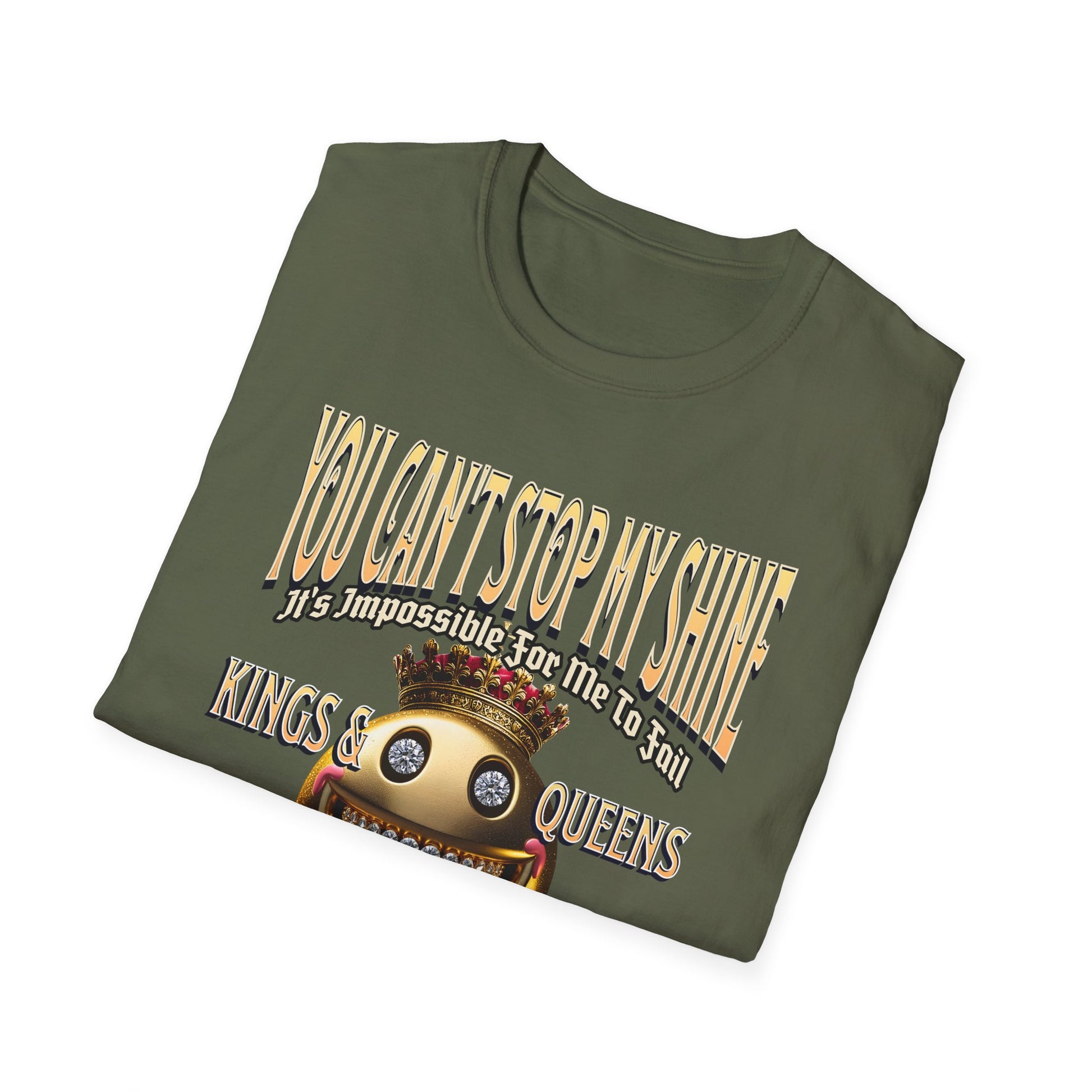 Military Green of Kingdom Confidence Graphic Gold Happy Face Emoji Unisex T-Shirt: You Can’t Stop My Shine Tee, With GOD On My Side, Premium Casual-Tee