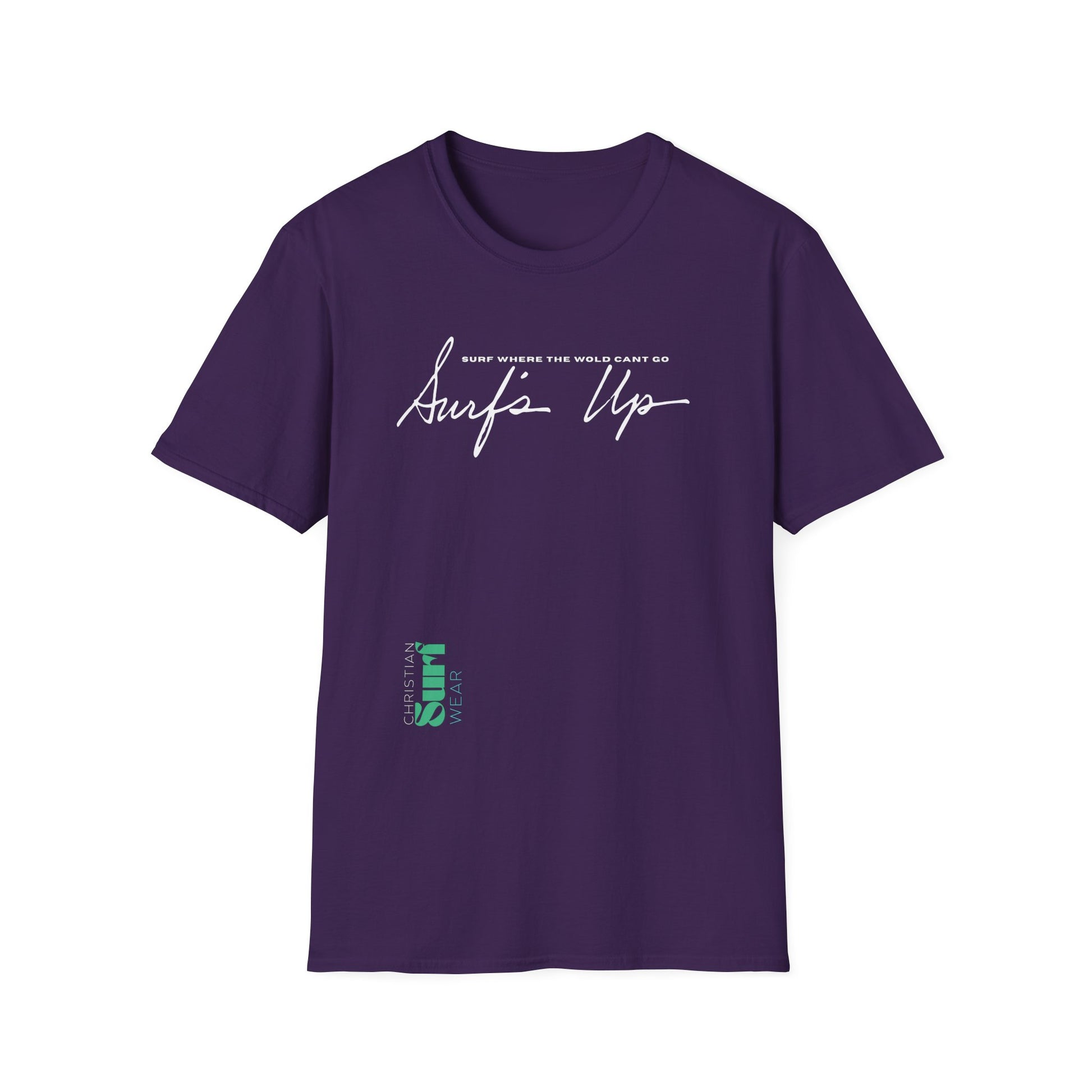 Surf Wear Typography Surf Where the World Can’t Go Graphic Surf’s Up Unisex Softstyle T-Shirt | Beach Vibes, Casual Wear, Gift for Surfers, Summer Style, Christian Apparel