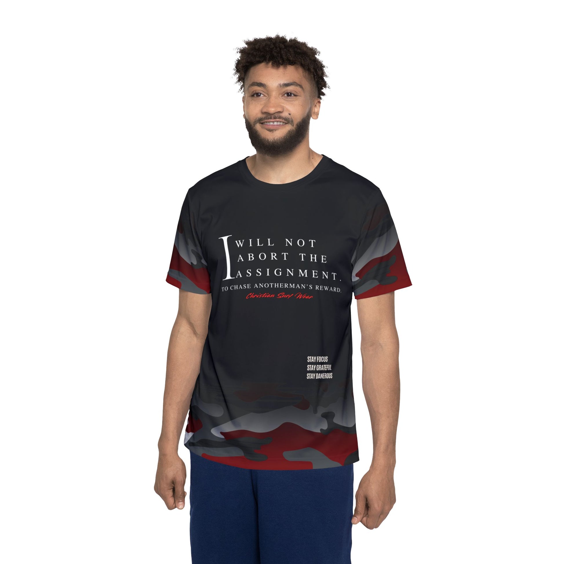 “I Will Not Abort The Assignment” CAMO Edition –Christian Surf Wear Men's Sports Jersey - Bold Camo Design, Perfect for Game Days, Casual Wear, Gifts for Athletes, Sports Events, Unique Style