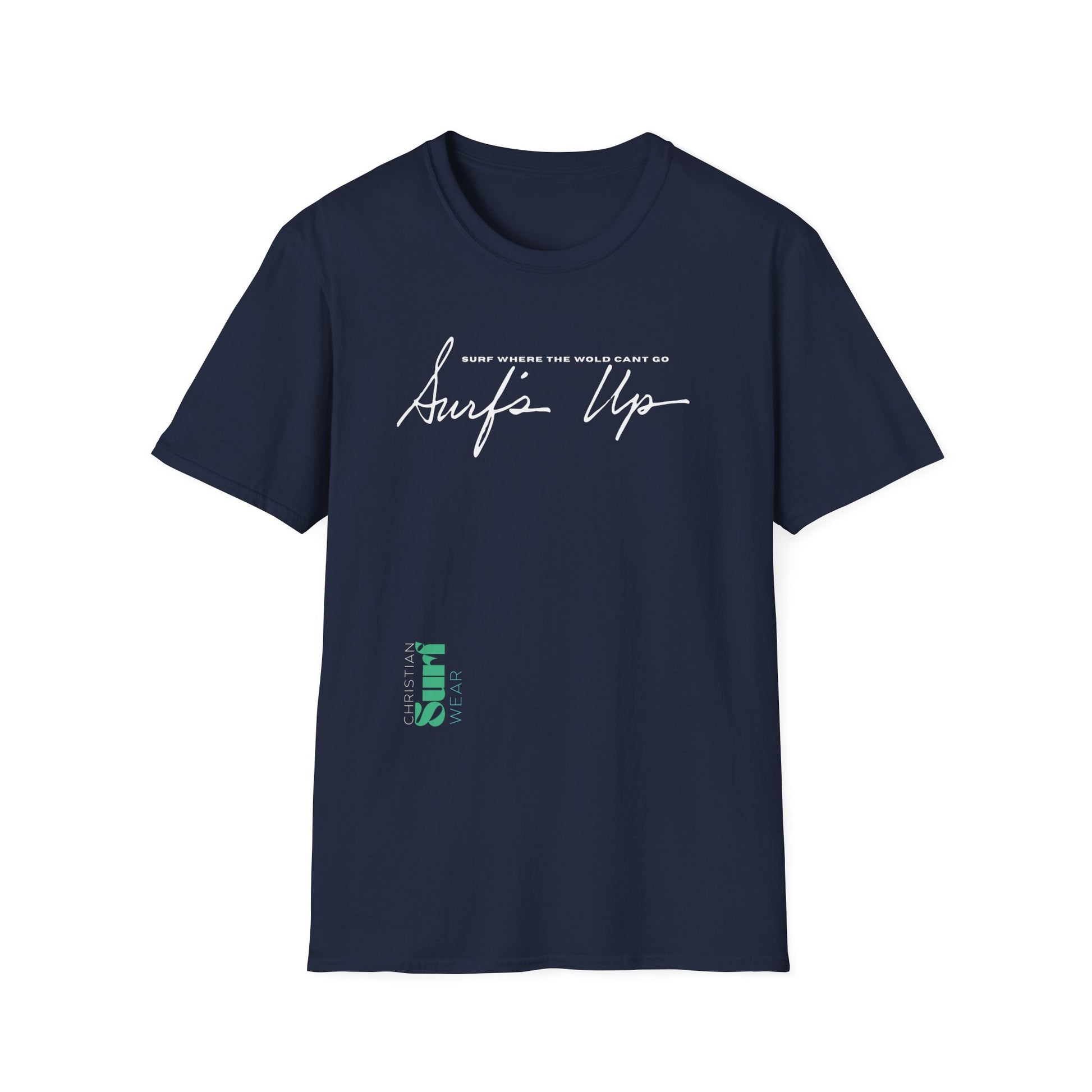 Surf Wear Typography Surf Where the World Can’t Go Graphic Surf’s Up Unisex Softstyle T-Shirt | Beach Vibes, Casual Wear, Gift for Surfers, Summer Style, Christian Apparel