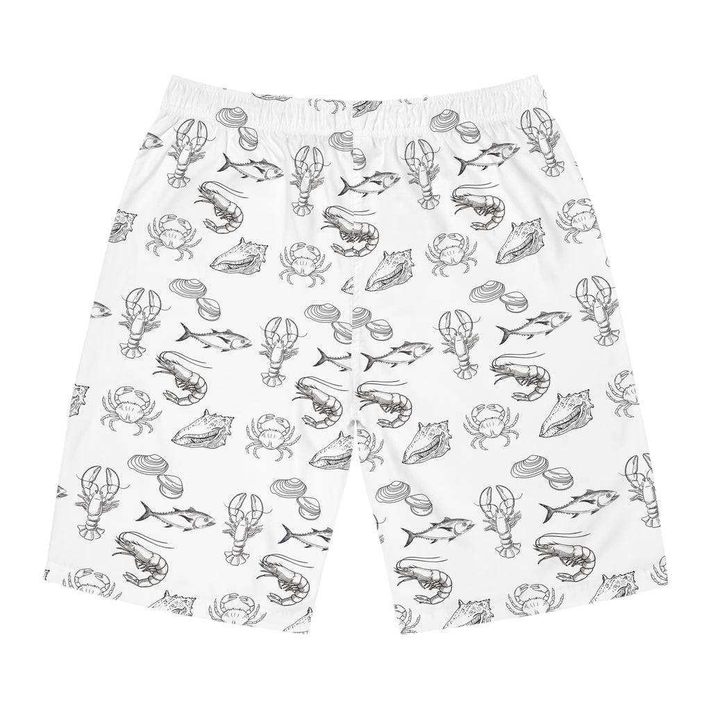 Christian Surf Wear Fish Lobster, Crab, Clams and Conk Graphic Ocean Fishing Adventure Board Shorts, Beachwear, Summer Swim Trunks, Fishing Theme Shorts, Vacation Swimwear, Nautical Gift Idea