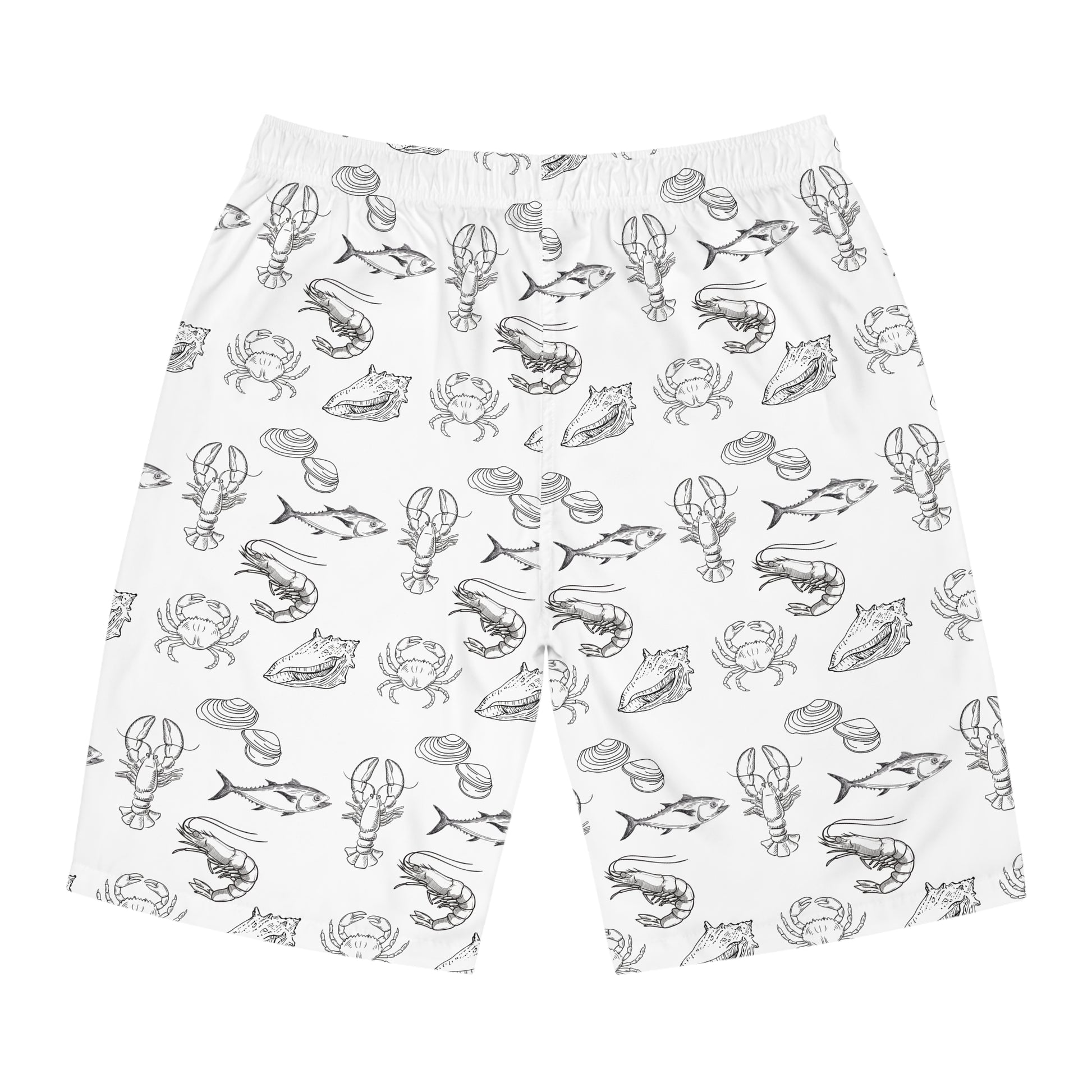 Christian Surf Wear Fish Lobster, Crab, Clams and Conk Graphic Ocean Fishing Adventure Board Shorts, Beachwear, Summer Swim Trunks, Fishing Theme Shorts, Vacation Swimwear, Nautical Gift Idea