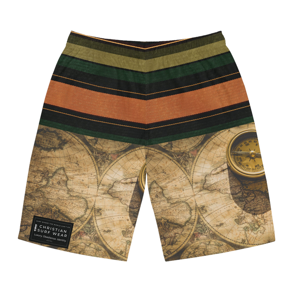 Global Adventure Men's Board Shorts, Travel Style Swim Trunks, Beachwear, Summer Vibes, Gift for Travelers, Vacation Essentials