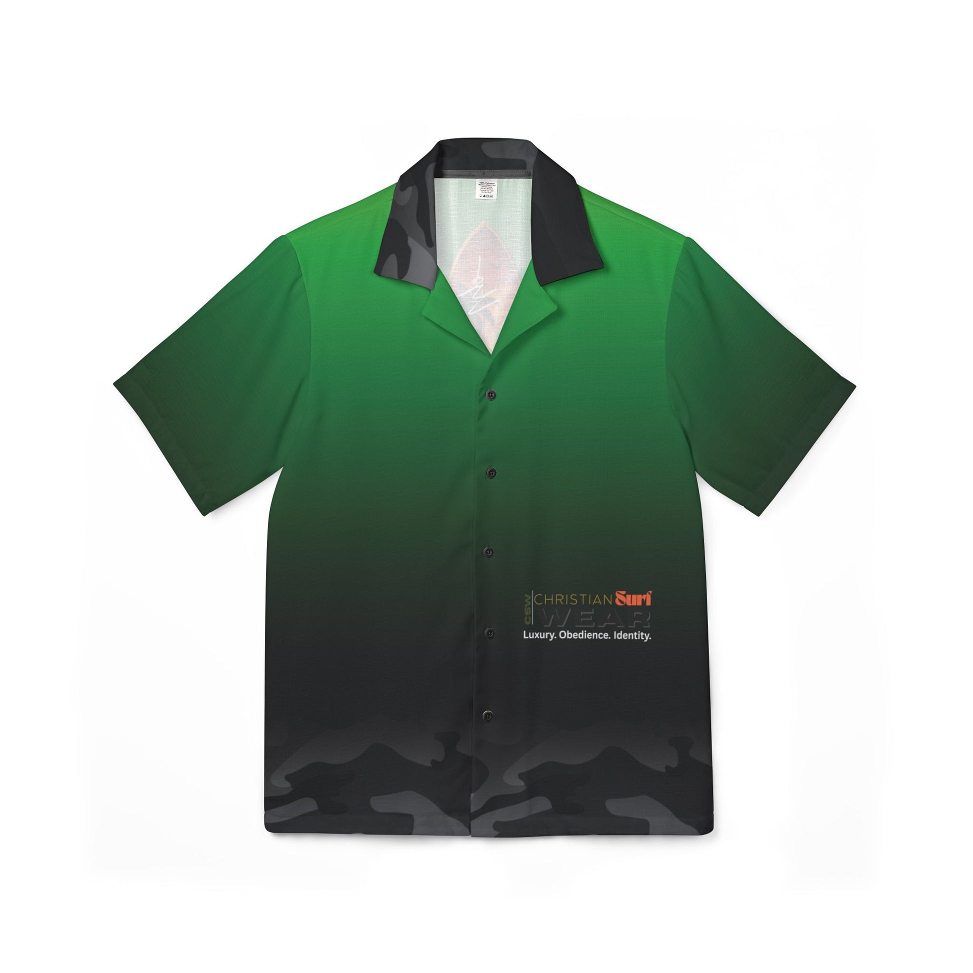 Christian Surf Wear Camp Shirt - CSW Signature Military Green and Black Camo with Surfboard Crest Embroidery
