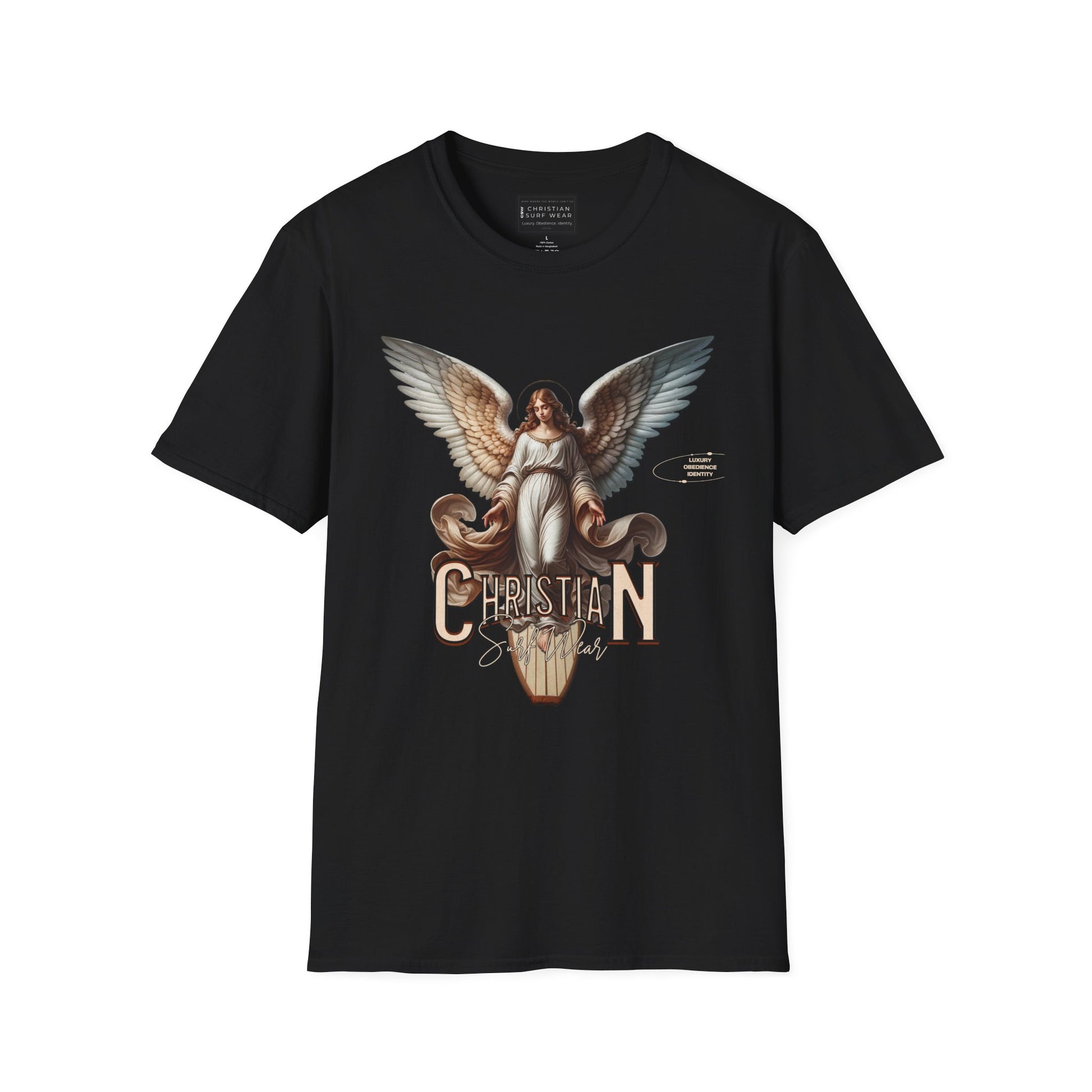 Christian Surf Wear Angel Graphic Unisex Softstyle T-Shirt | Casual Wear, Gift for Her/Him, Birthday, Spiritual Vibe, Everyday Fashion