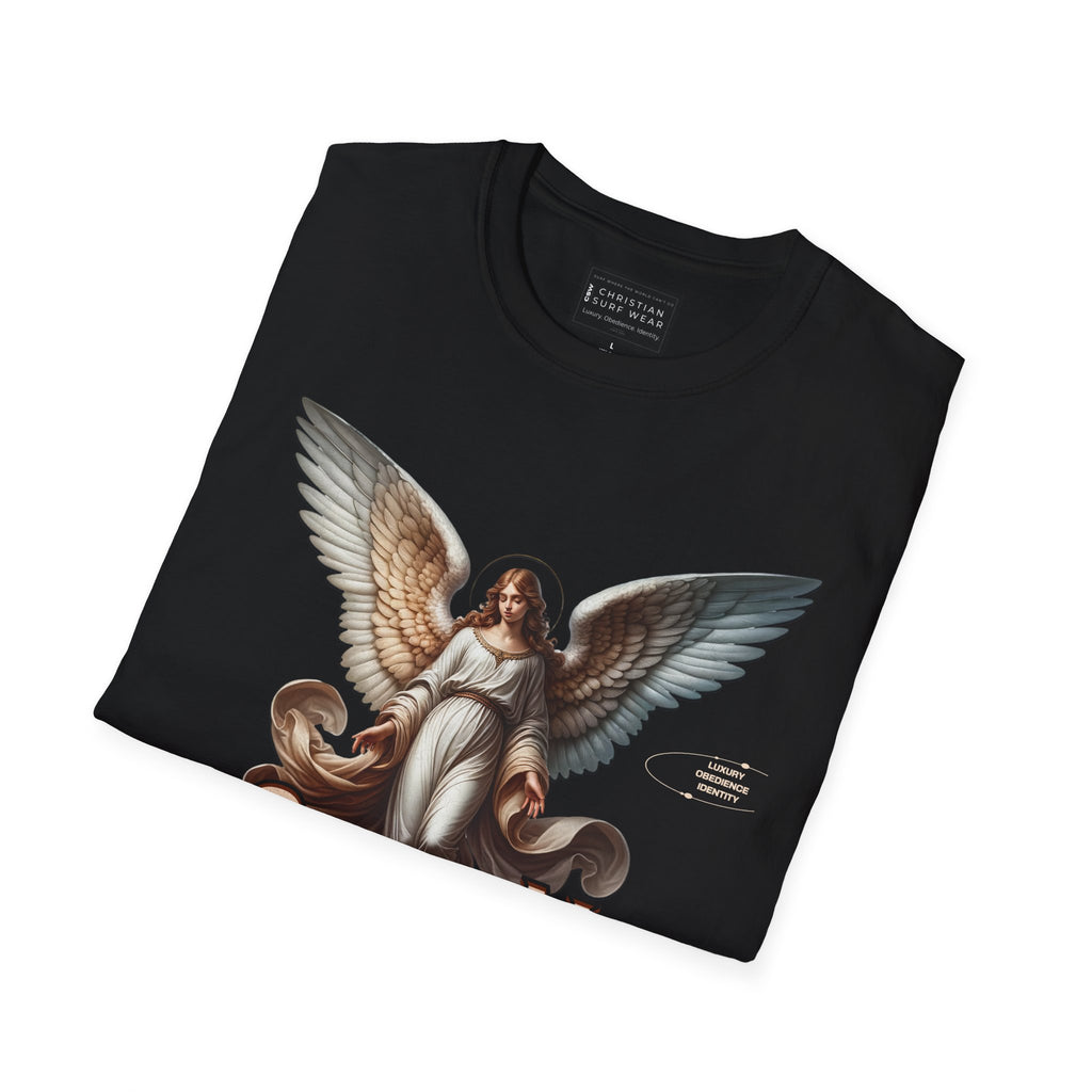 Christian Surf Wear Angel Graphic Unisex Softstyle T-Shirt | Casual Wear, Gift for Her/Him, Birthday, Spiritual Vibe, Everyday Fashion