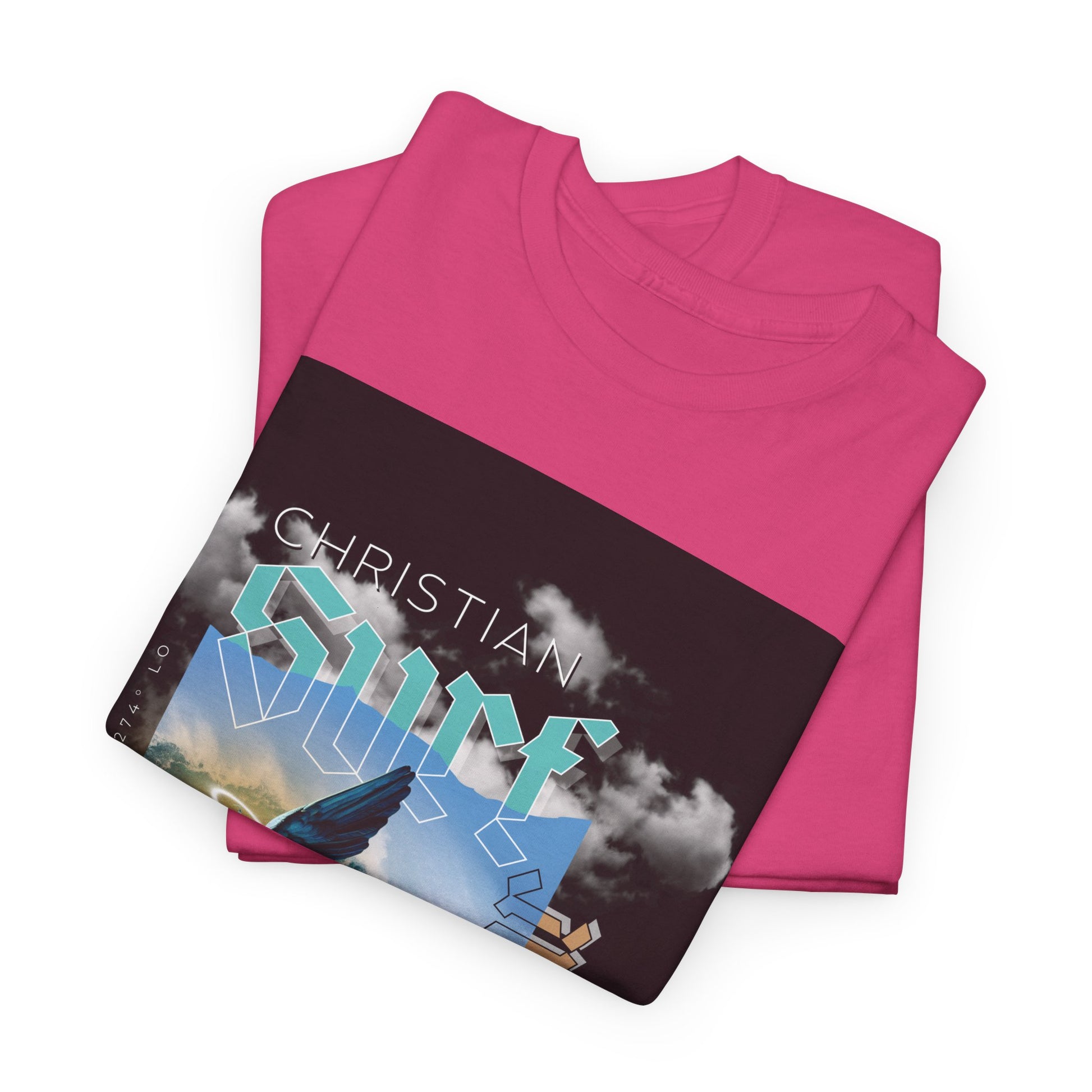 Surf Wear Angle Riding a Surfboard and a wave Graphic -Christian Surf Vibes Unisex Heavy Cotton Tee, Beachwear, Casual Shirt, Gift for Surfers, Summer Top, Spiritual Fashion
