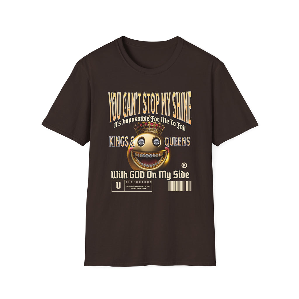 Dark Chocolate Kingdom Confidence Graphic Gold Happy Face Emoji Unisex T-Shirt: You Can’t Stop My Shine Tee, With GOD On My Side, Premium Casual-Tee