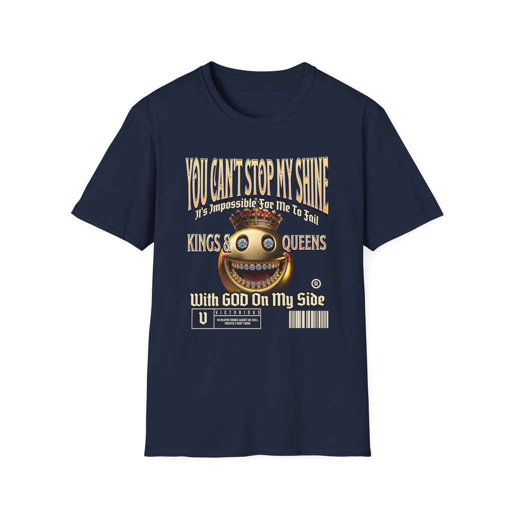 Navy Blue  Kingdom Confidence Graphic Gold Happy Face Emoji Unisex T-Shirt: You Can’t Stop My Shine Tee, With GOD On My Side, Premium Casual-Tee