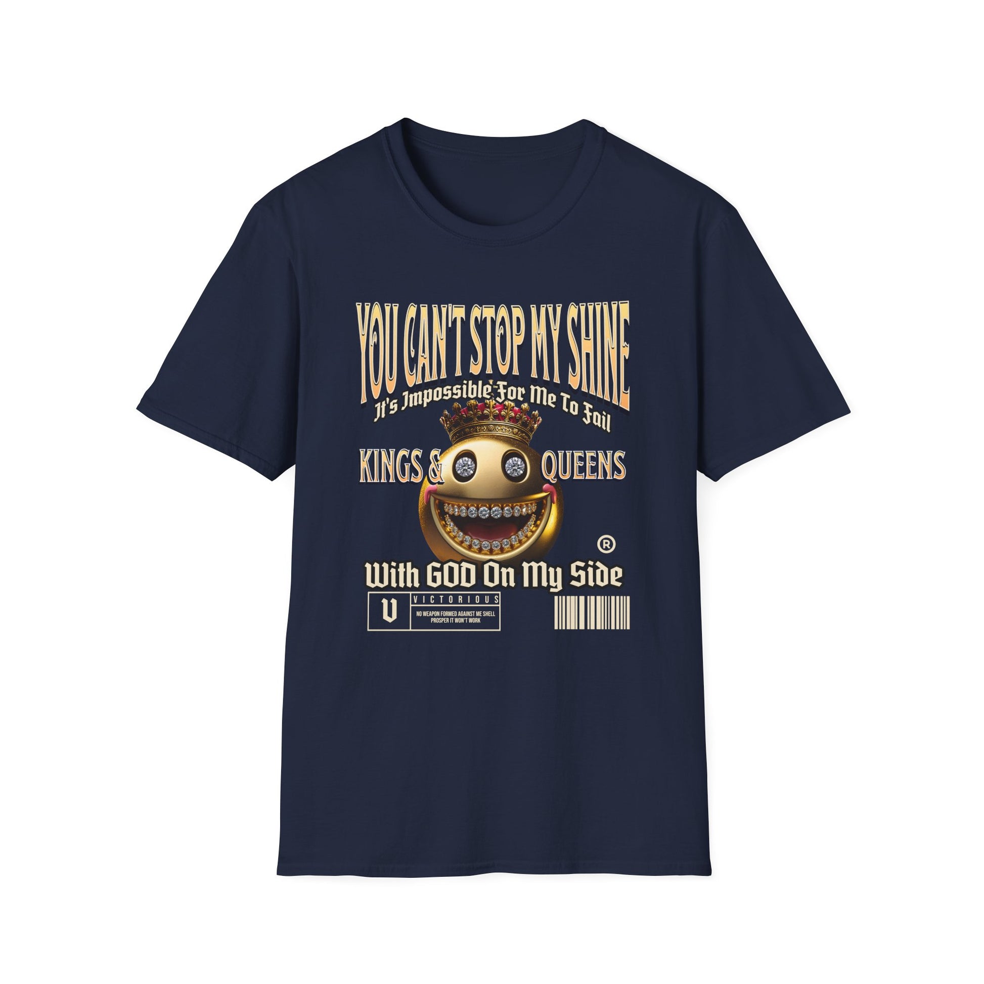 Navy Blue  Kingdom Confidence Graphic Gold Happy Face Emoji Unisex T-Shirt: You Can’t Stop My Shine Tee, With GOD On My Side, Premium Casual-Tee