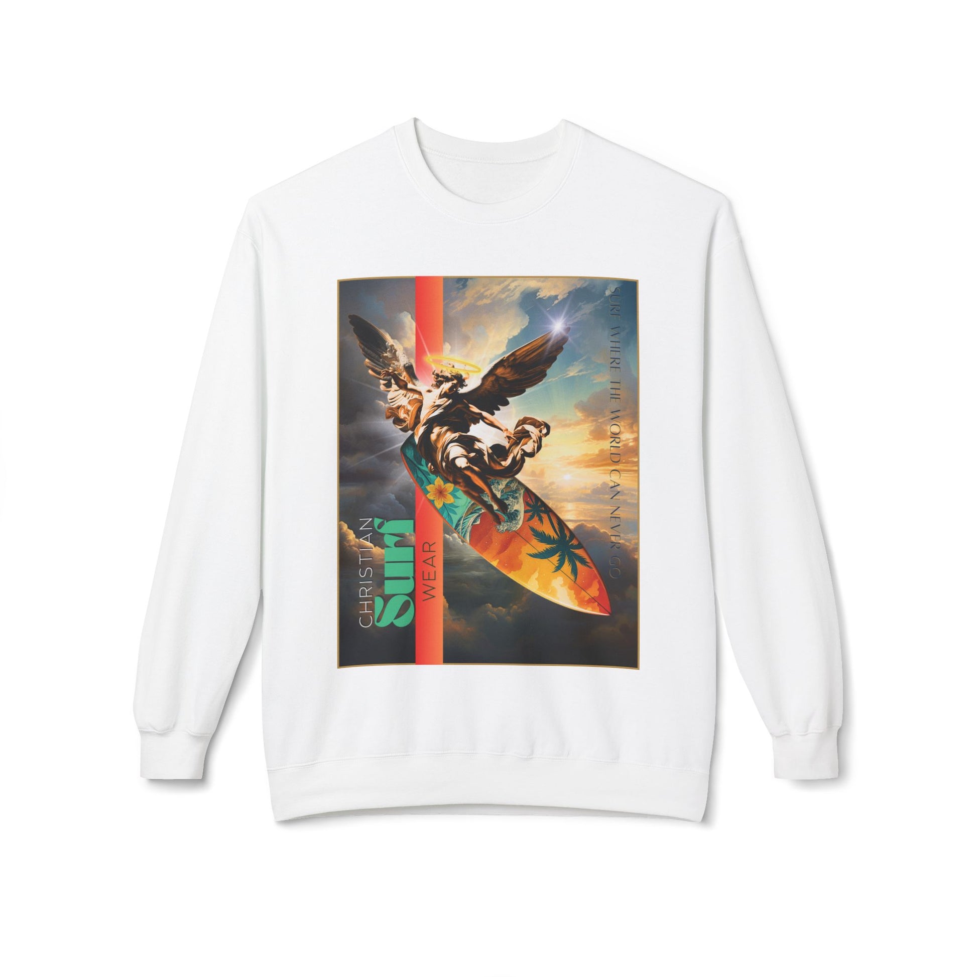 Unisex Fleece Sweatshirt with Surf Vibes, Cozy Surfing Crew Sweatshirt, Christian Gift, Beach Holiday Apparel, Summer Essentials