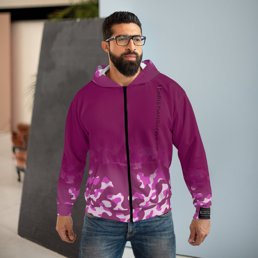 Christian Surf Wear Vintage Militant Vibrant Miami Beach theme  Zip Hoodie, Unisex Hoodie for Beach Lovers, Vibrant AOP Design, Gift for Christmas and Summer, Stylish Camo Layer