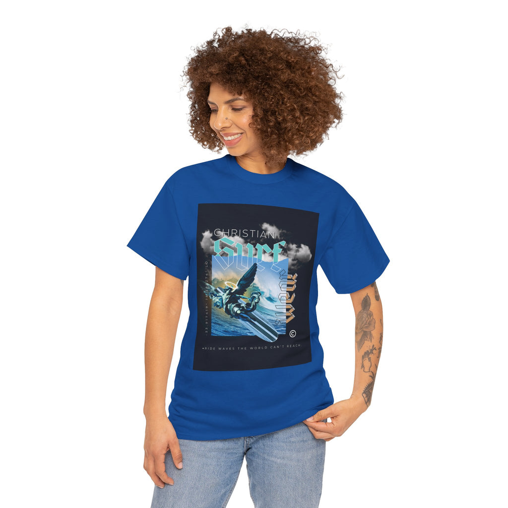 Surf Wear Angle Riding a Surfboard and a wave Graphic -Christian Surf Vibes Unisex Heavy Cotton Tee, Beachwear, Casual Shirt, Gift for Surfers, Summer Top, Spiritual Fashion