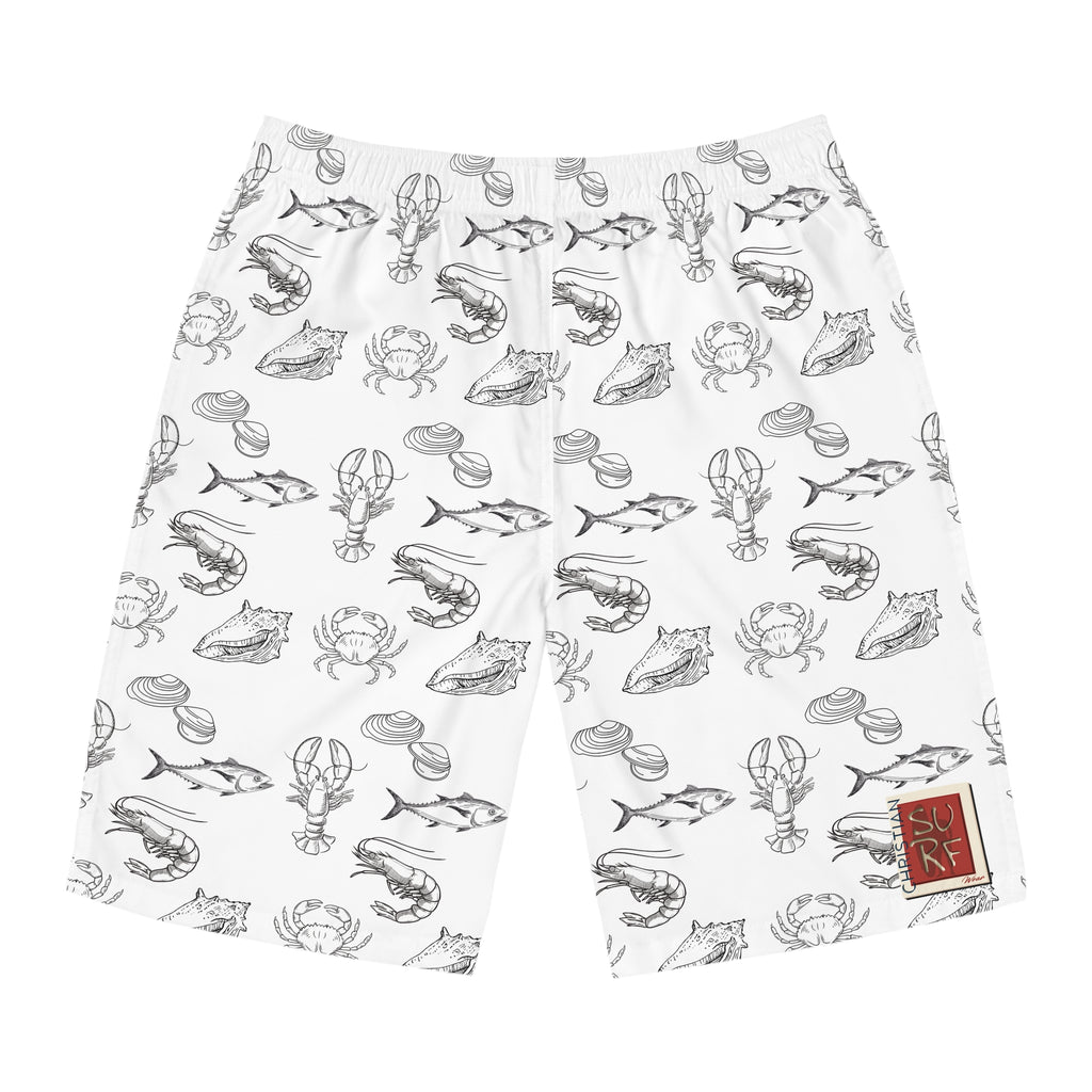 Christian Surf Wear Fish Lobster, Crab, Clams and Conk Graphic Ocean Fishing Adventure Board Shorts, Beachwear, Summer Swim Trunks, Fishing Theme Shorts, Vacation Swimwear, Nautical Gift Idea